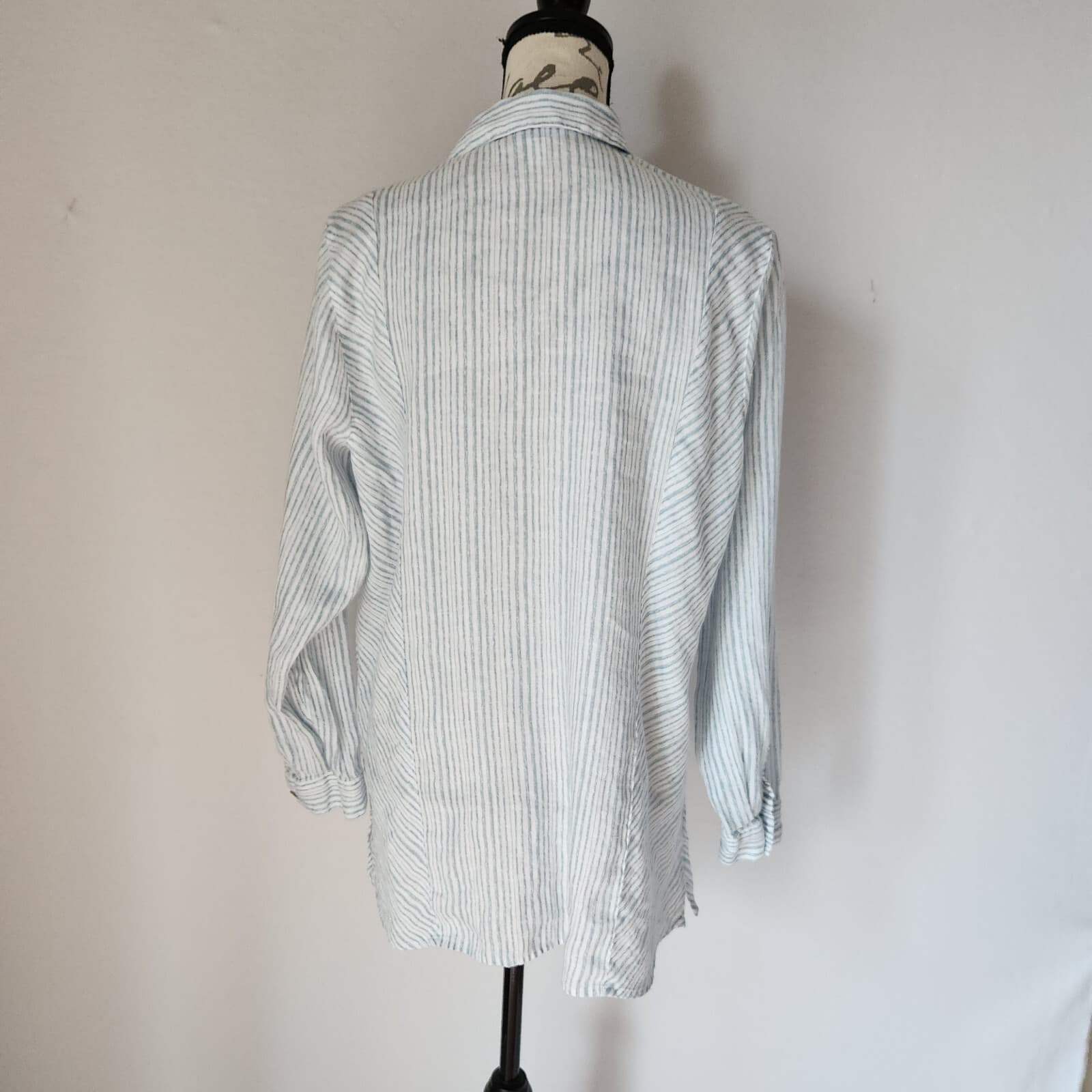 J.Jill Love Linen Stripe Pearl Button-Up Tunic Shirt Long Sleeve Blue White Sz.L - Thumbnail 4
