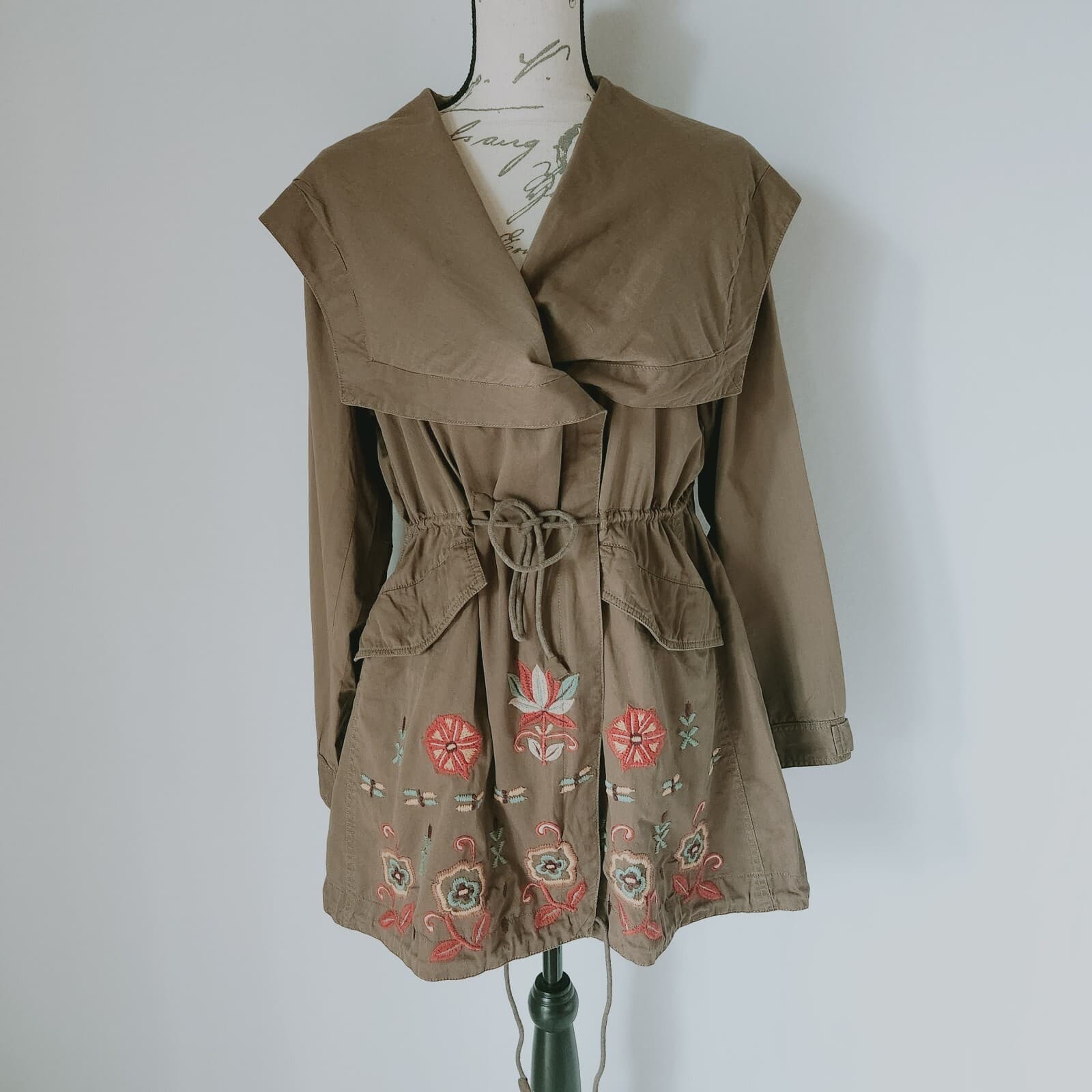 Kyla Seo Embroidered Hooded Jacket Drawstring Pocket Zip Cotton Green Women Sz.L - Thumbnail 3