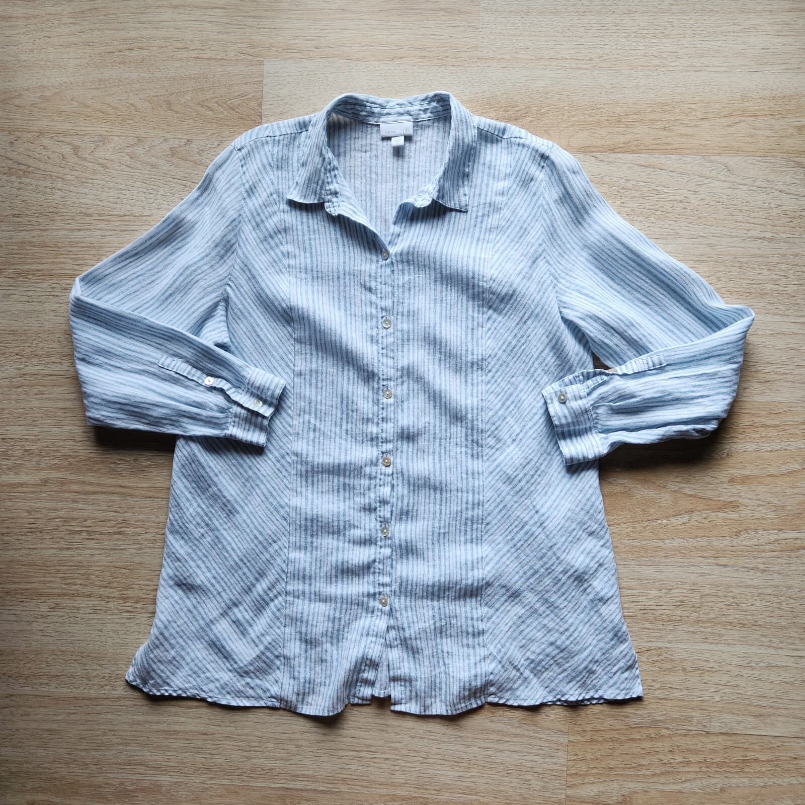 J.Jill Love Linen Stripe Pearl Button-Up Tunic Shirt Long Sleeve Blue White Sz.L - Thumbnail 5