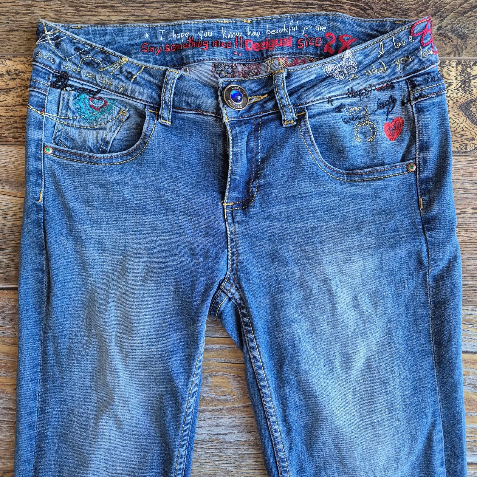 Desigual Embroidered Smocked Ankle Skinny Jeans Low Rise Stretch Blue Women's 28 - Thumbnail 2
