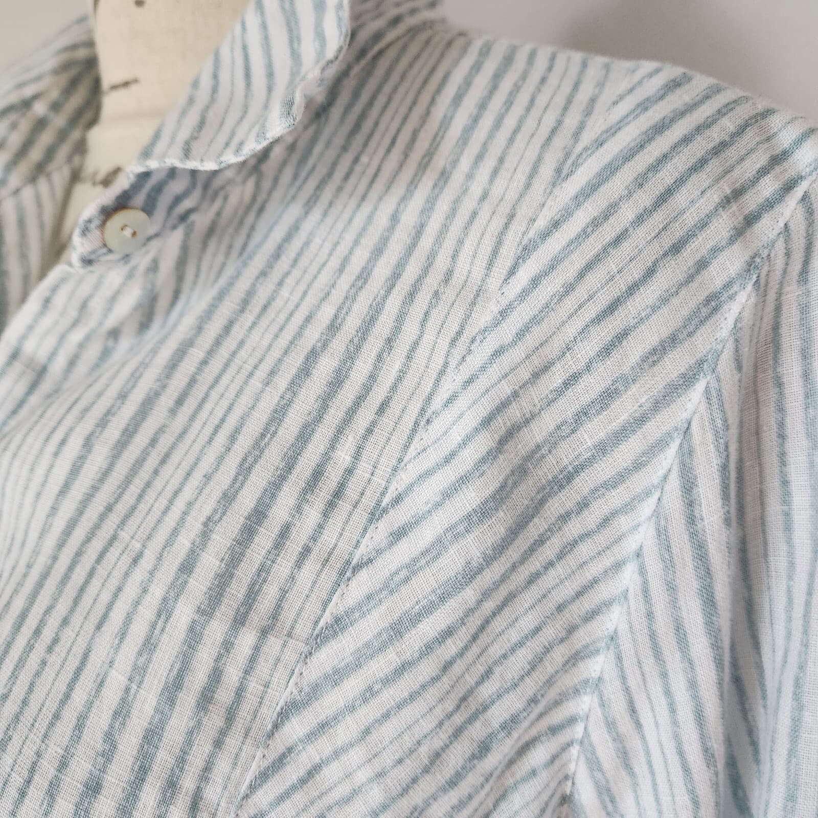 J.Jill Love Linen Stripe Pearl Button-Up Tunic Shirt Long Sleeve Blue White Sz.L - Thumbnail 3
