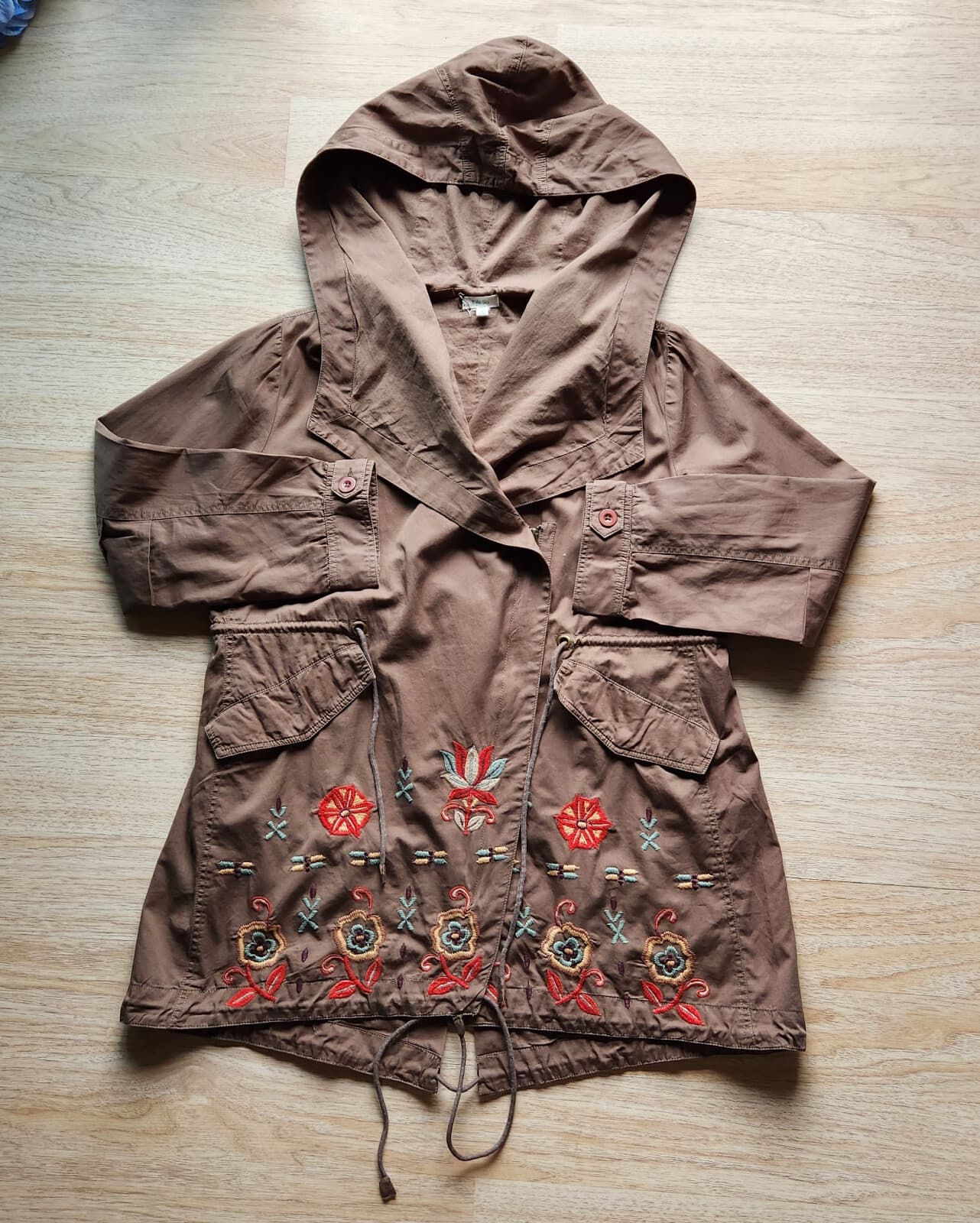 Kyla Seo Embroidered Hooded Jacket Drawstring Pocket Zip Cotton Green Women Sz.L - Thumbnail 6
