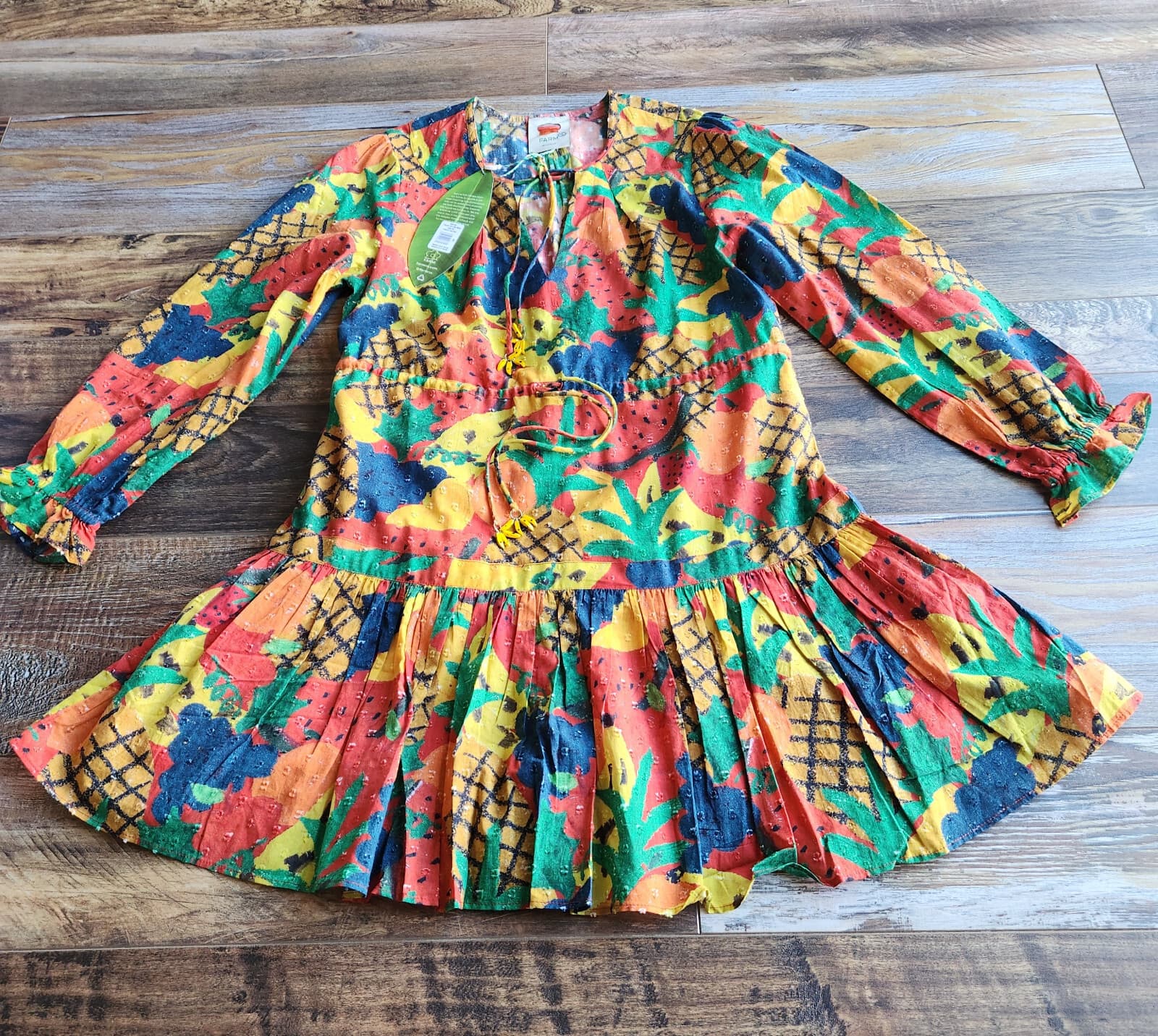 NEW Farm Rio $160 Fruit Salad Boho Mini Dress Tassel Long Sleeve Multicolor XS - Thumbnail 5