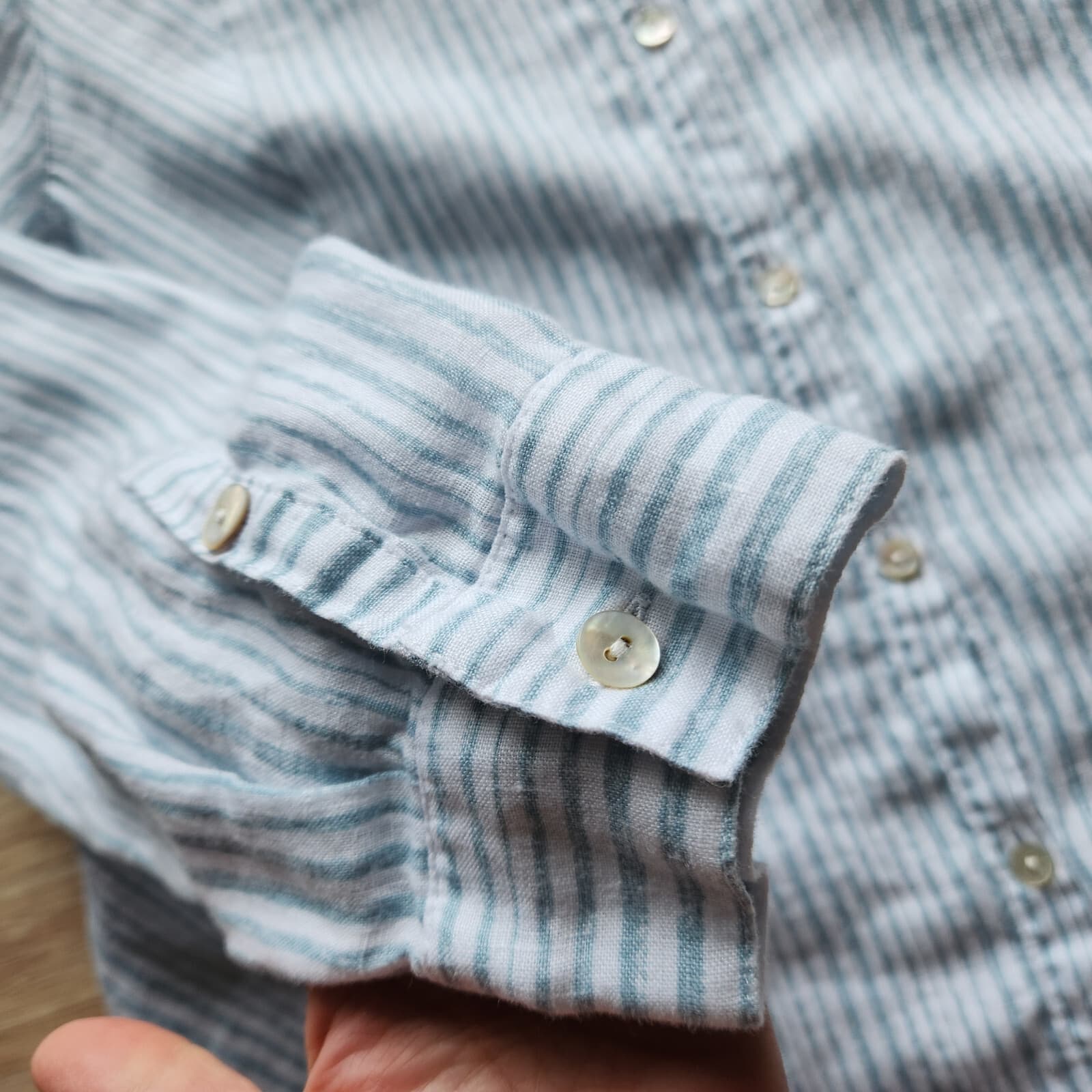 J.Jill Love Linen Stripe Pearl Button-Up Tunic Shirt Long Sleeve Blue White Sz.L - Thumbnail 6