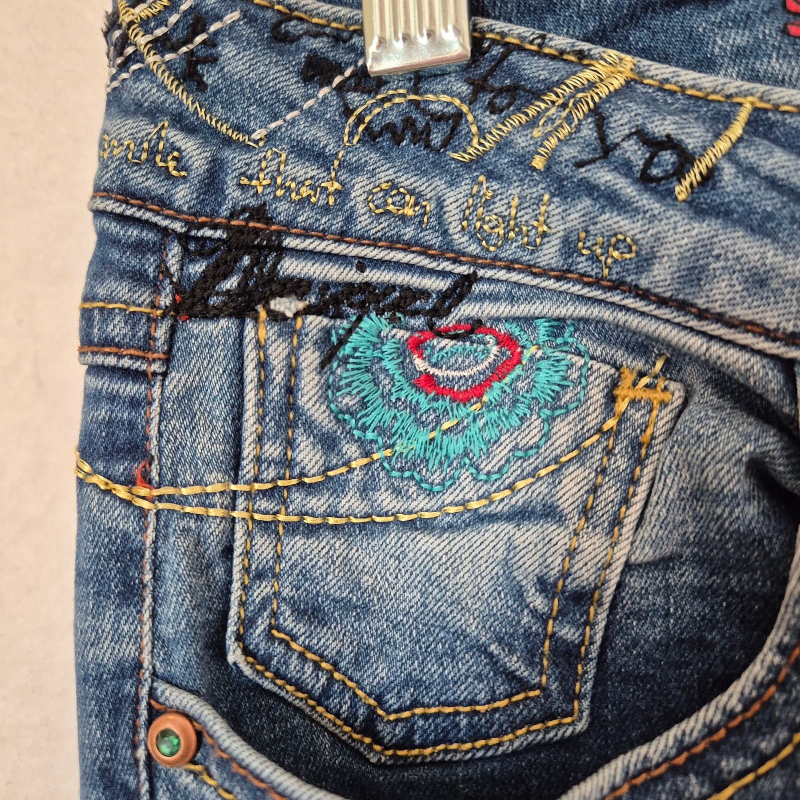 Desigual Embroidered Smocked Ankle Skinny Jeans Low Rise Stretch Blue Women's 28 - Thumbnail 6