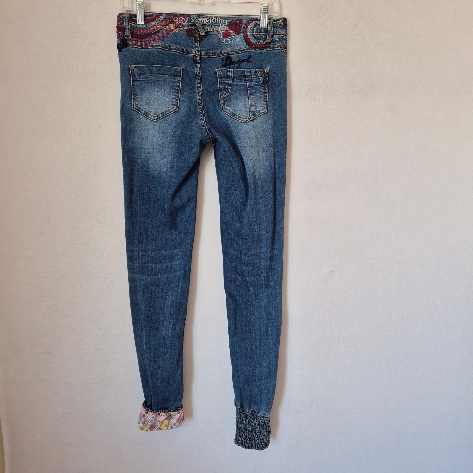 Desigual Embroidered Smocked Ankle Skinny Jeans Low Rise Stretch Blue Women's 28 - Thumbnail 4