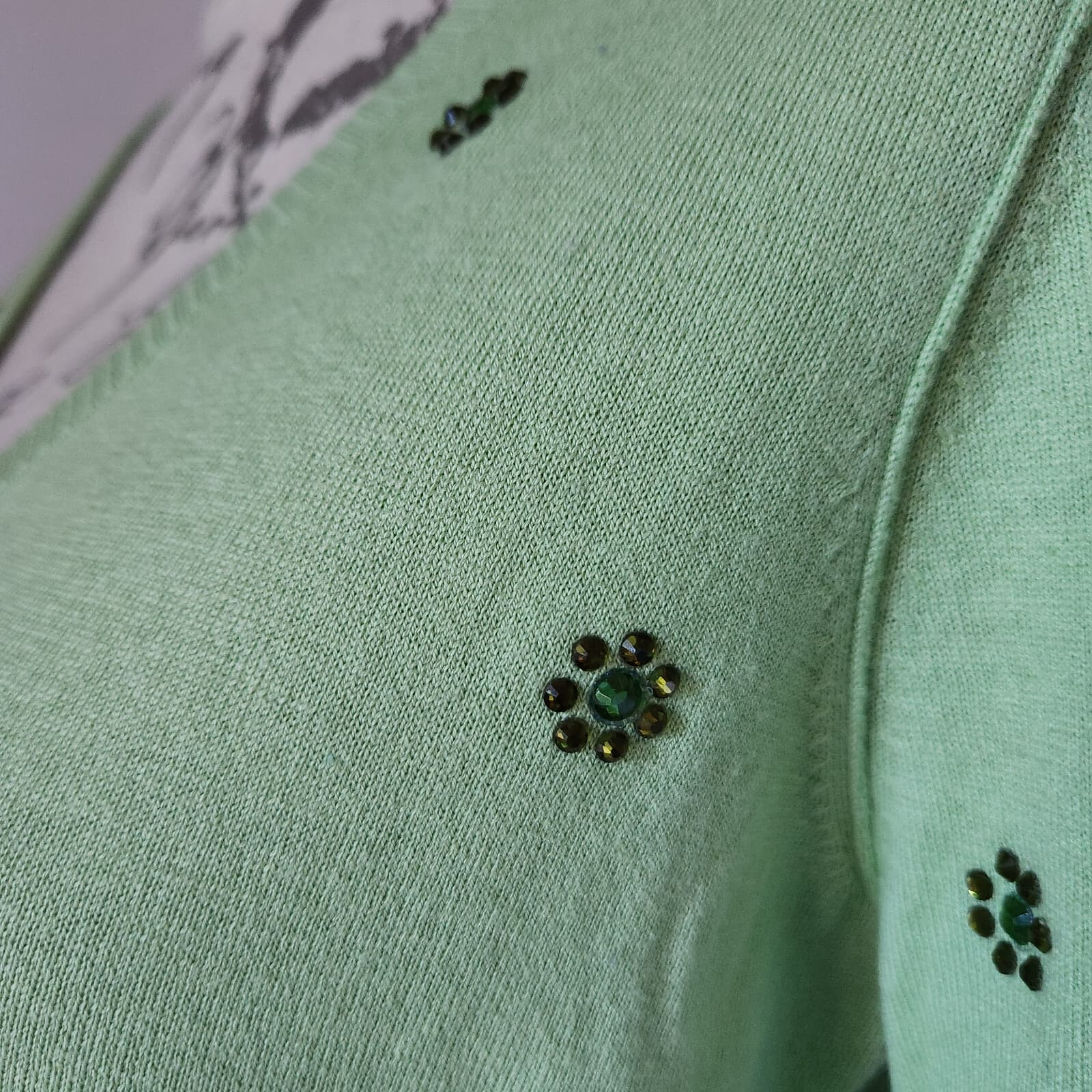 NWoT BEA YUK MUI Crystal Embellished Silk Cotton Sweater V-Neck Green Women's 44 - Thumbnail 3