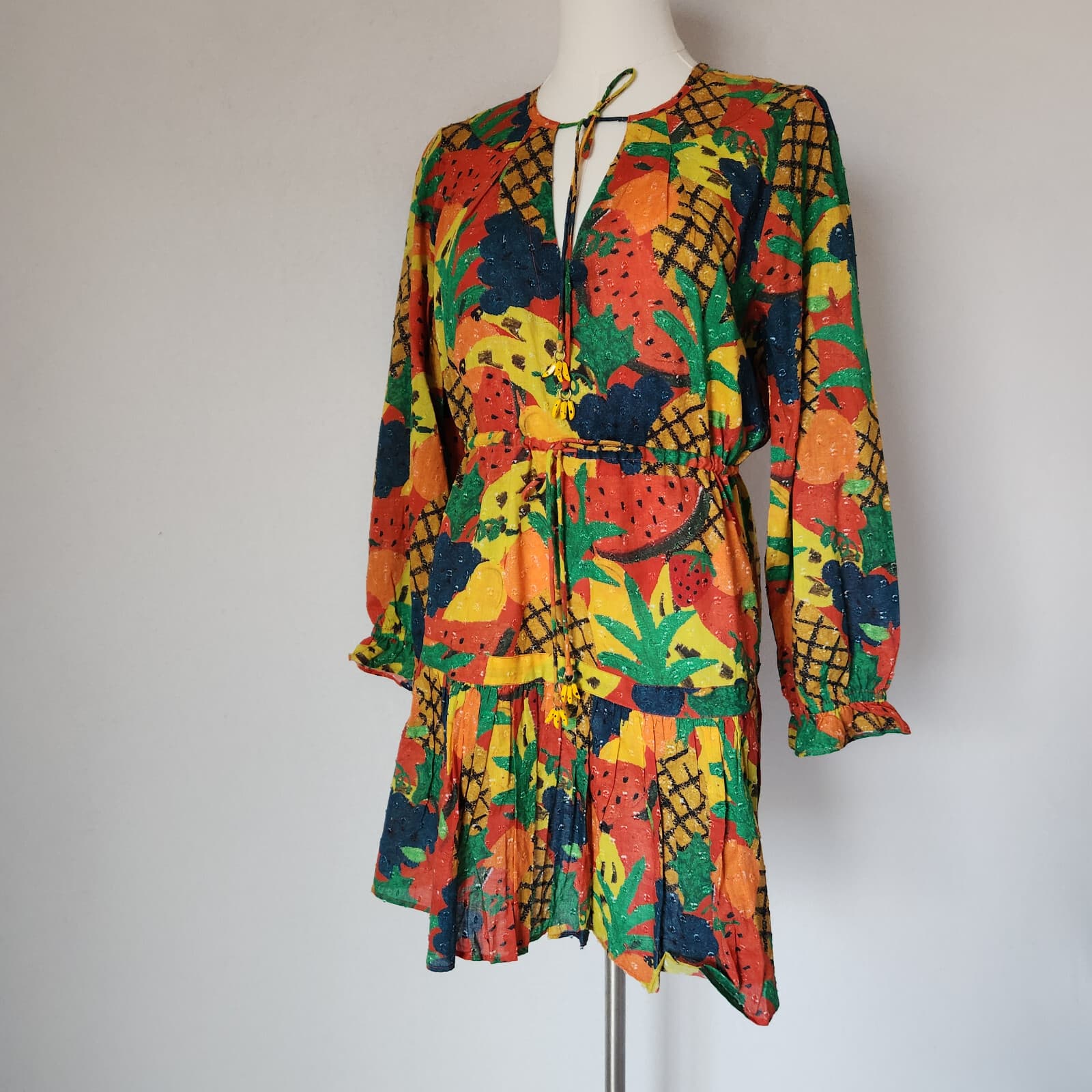 NEW Farm Rio $160 Fruit Salad Boho Mini Dress Tassel Long Sleeve Multicolor XS - Thumbnail 2