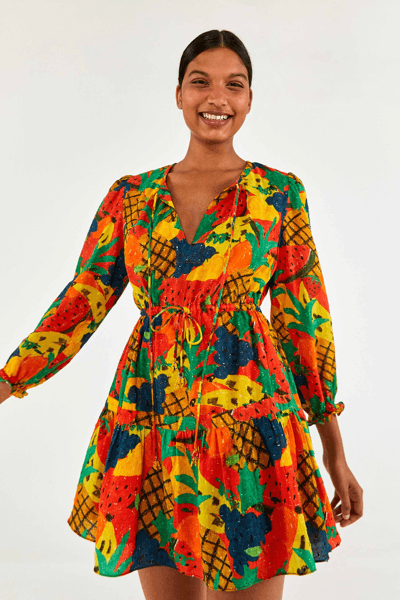 NEW Farm Rio $160 Fruit Salad Boho Mini Dress Tassel Long Sleeve Multicolor XS - Thumbnail 3