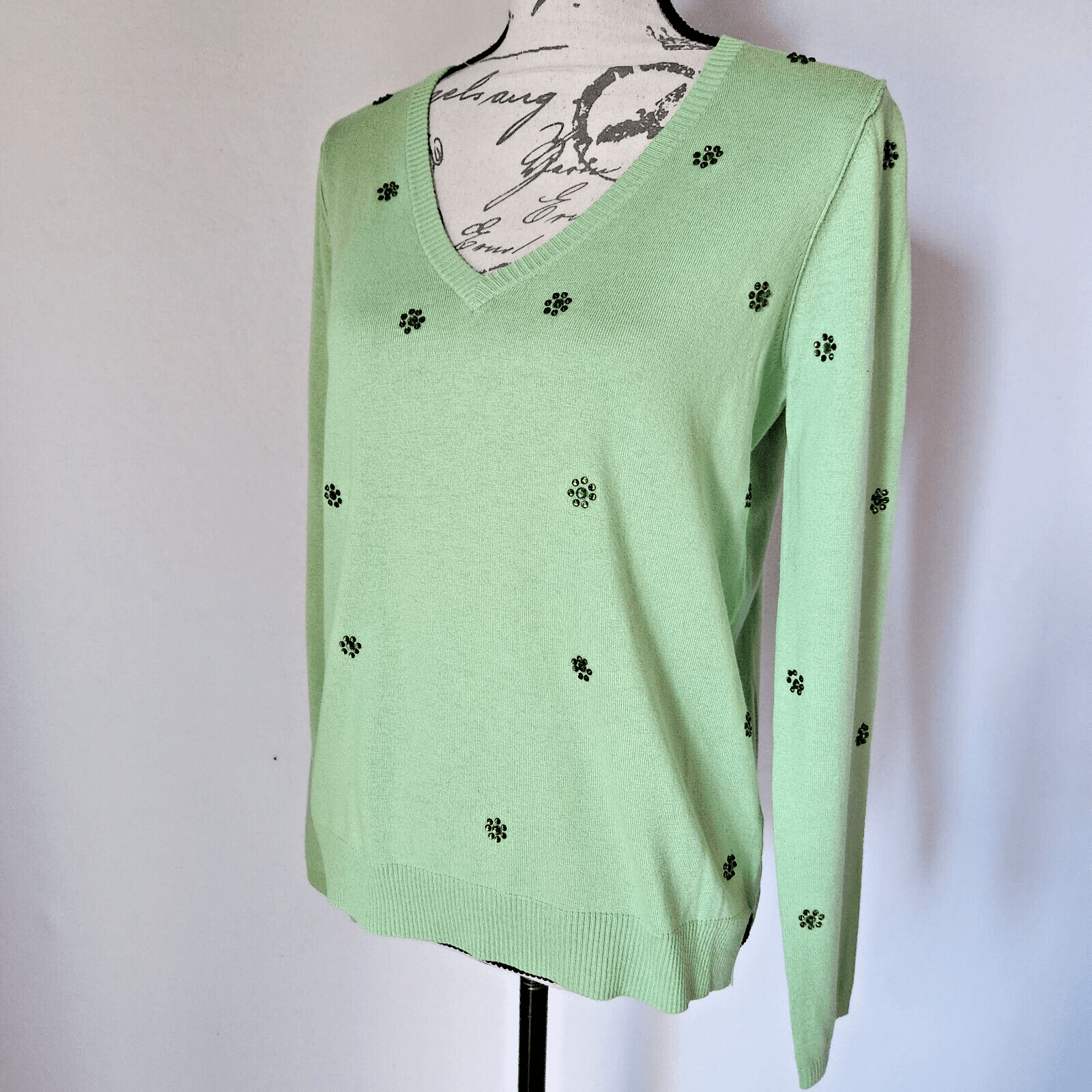 NWoT BEA YUK MUI Crystal Embellished Silk Cotton Sweater V-Neck Green Women's 44
