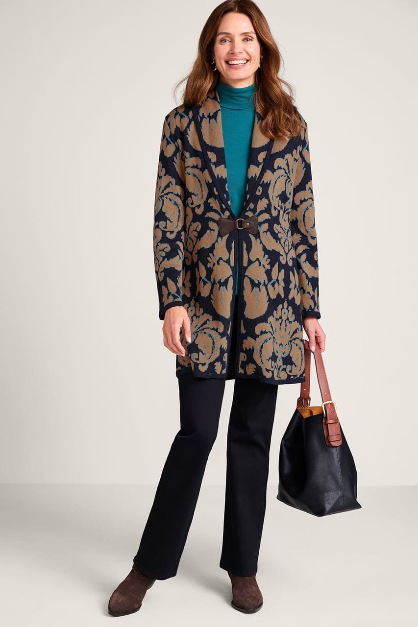 Soft Surroundings D'Orsay Wool Blend Floral Jacquard Buckle Long Cardigan Sz.L - Thumbnail 5