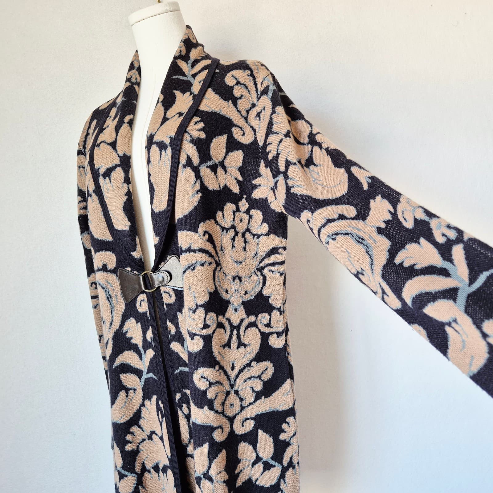 Soft Surroundings D'Orsay Wool Blend Floral Jacquard Buckle Long Cardigan Sz.L - Thumbnail 6