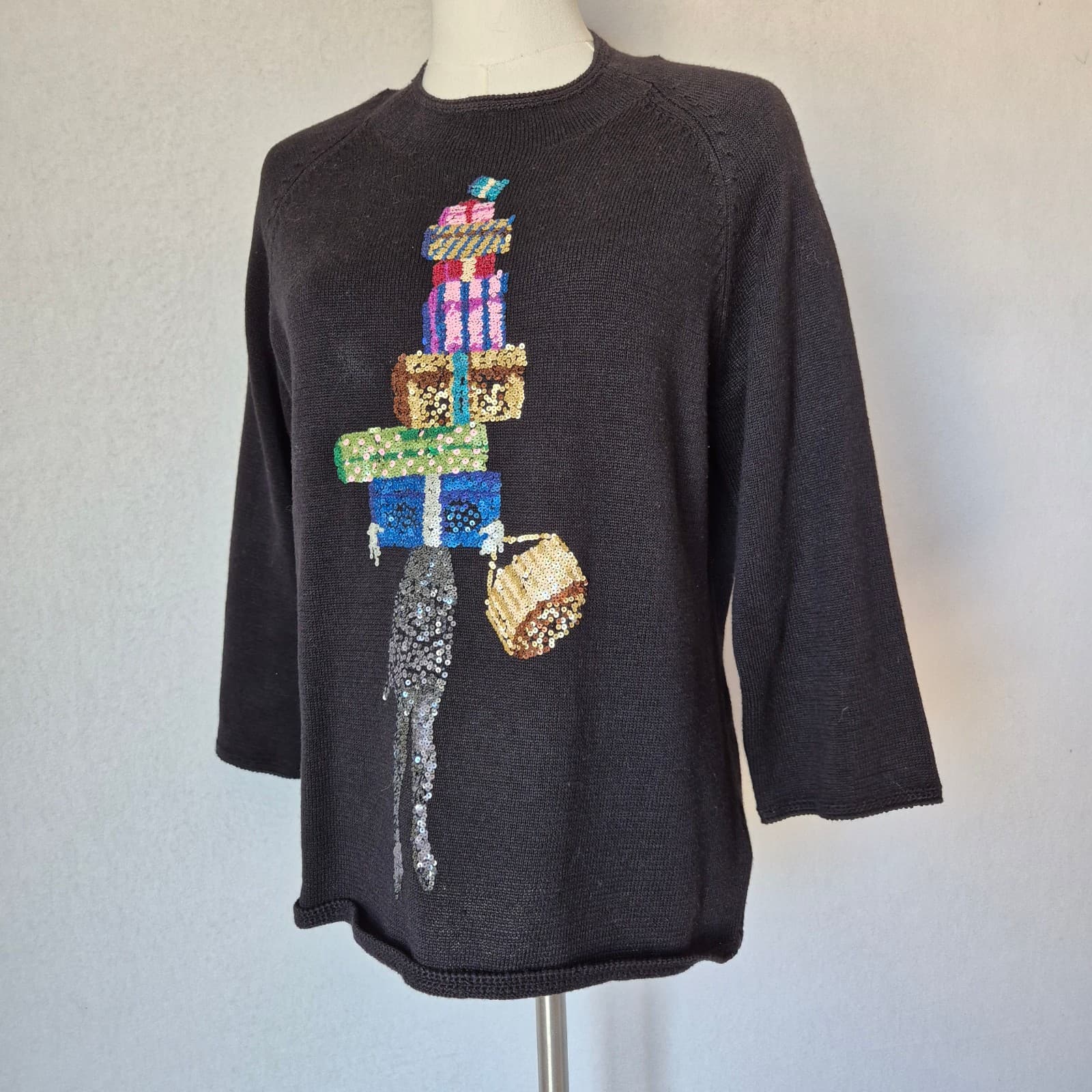 Vintage Michael Simon Sequin Stacked Gift Boxes Sweater Black Ramie Cotton Sz.M - Thumbnail 6