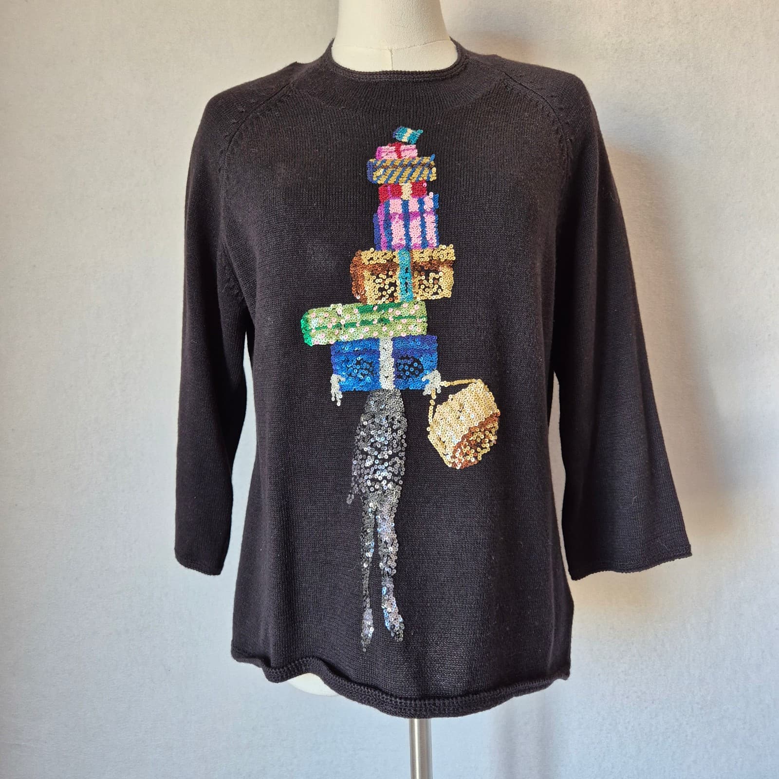 Vintage Michael Simon Sequin Stacked Gift Boxes Sweater Black Ramie Cotton Sz.M - Thumbnail 5