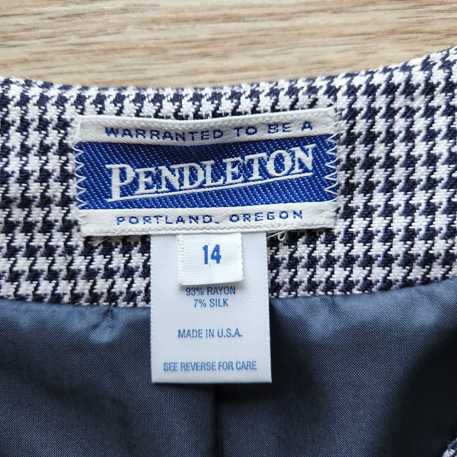Vintage PENDLETON Houndstooth Blazer Jacket Blue White Women Sz.14 Made in USA - Thumbnail 6