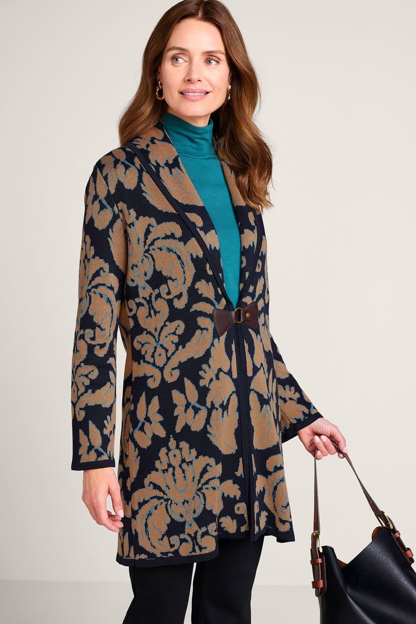 Soft Surroundings D'Orsay Wool Blend Floral Jacquard Buckle Long Cardigan Sz.L - Thumbnail 3