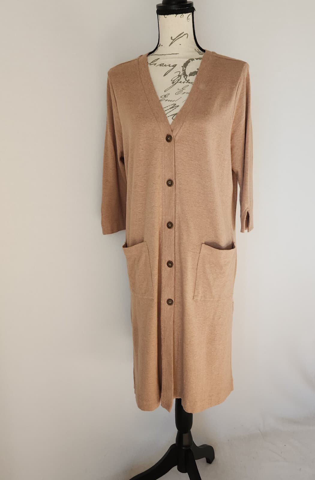 Pure Jill Duster Cardigan 3/4 Sleeve Button Pocket Hemp Organic Cotton Brown PM - Thumbnail 2