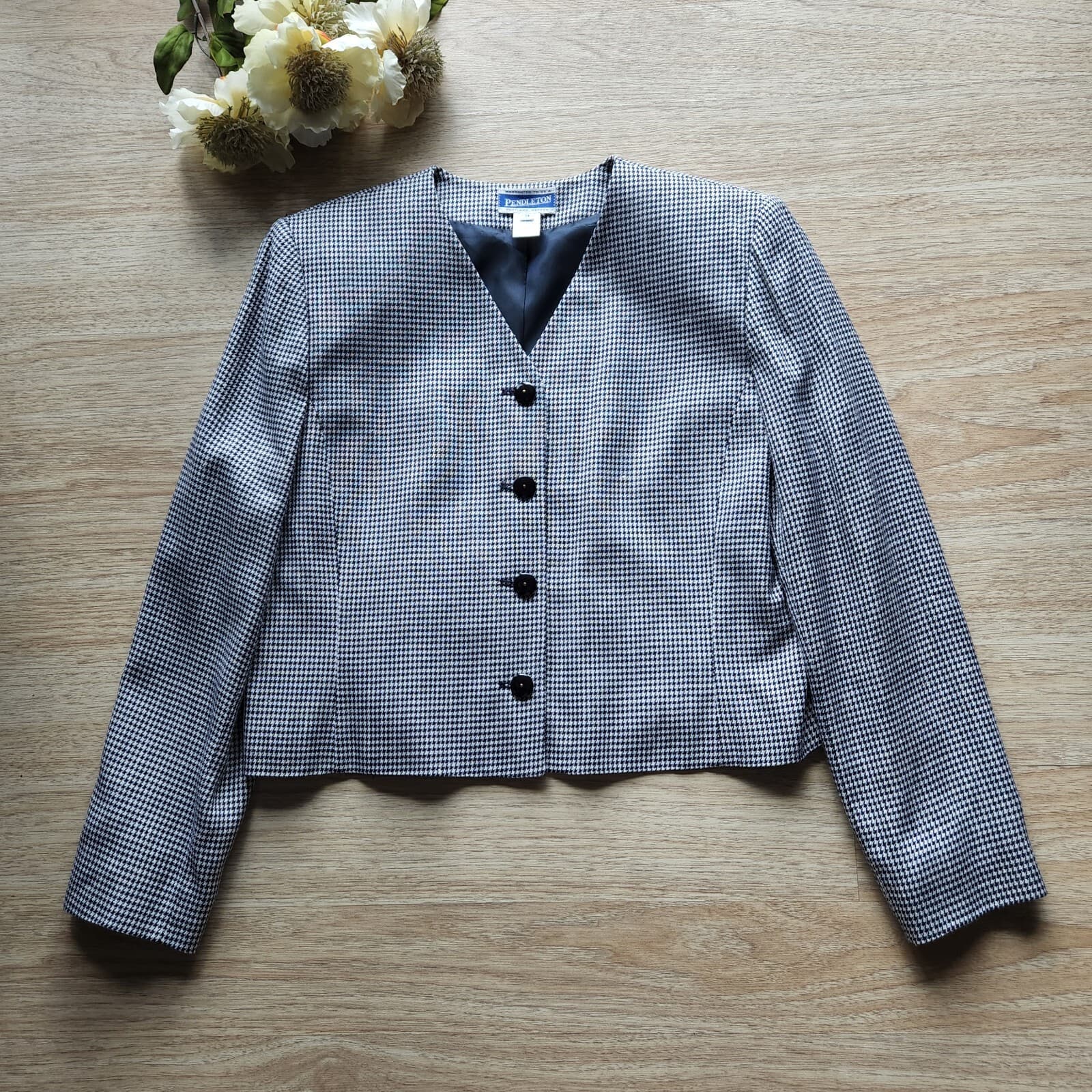 Vintage PENDLETON Houndstooth Blazer Jacket Blue White Women Sz.14 Made in USA - Thumbnail 5