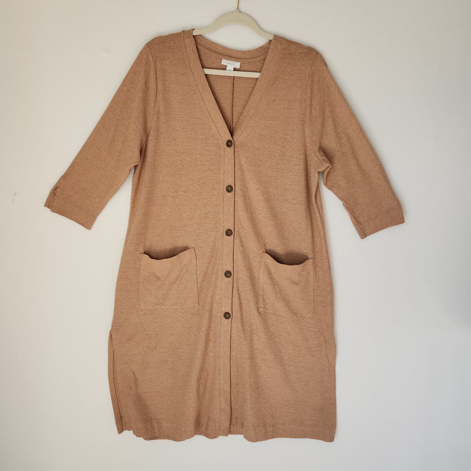 Pure Jill Duster Cardigan 3/4 Sleeve Button Pocket Hemp Organic Cotton Brown PM - Thumbnail 3