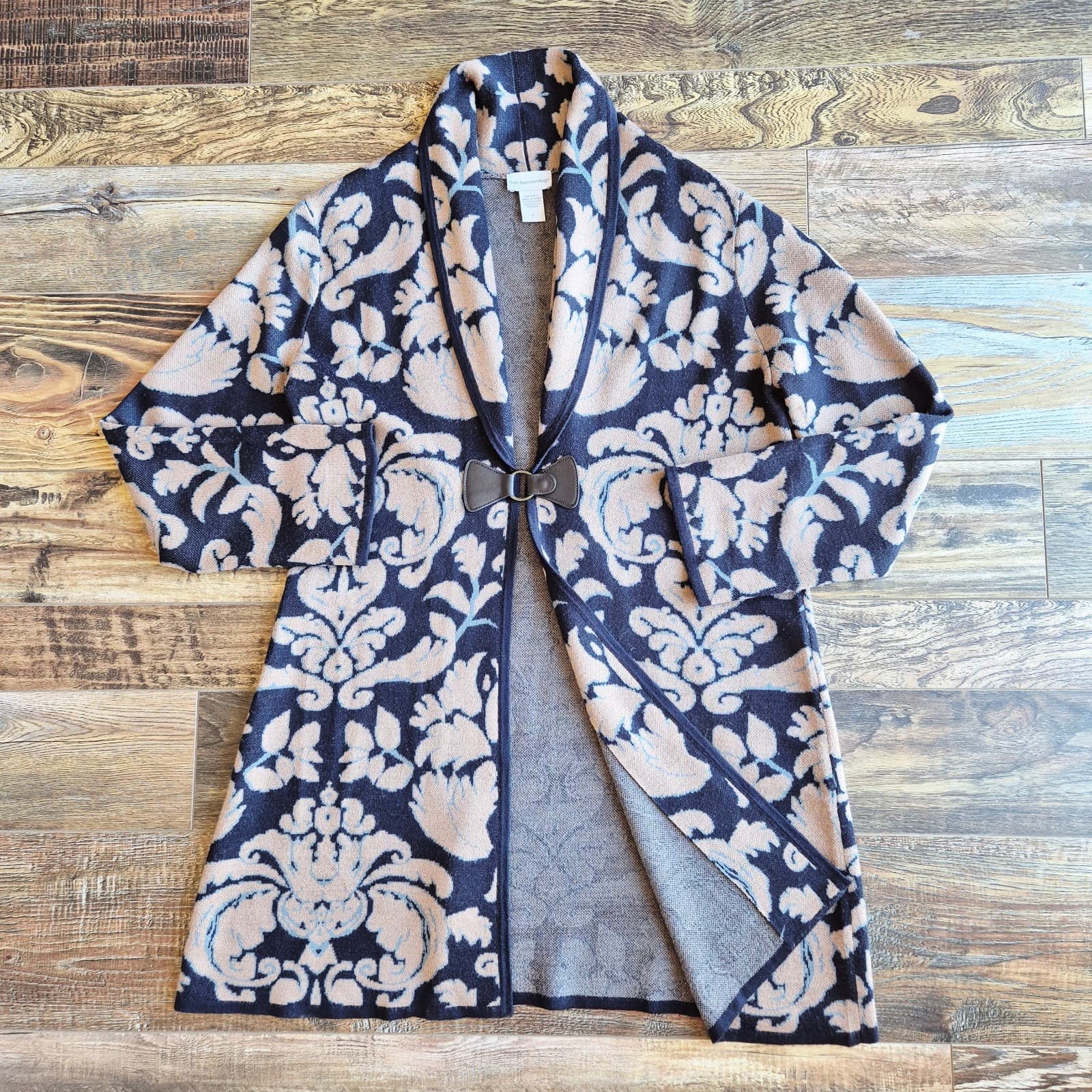 Soft Surroundings D'Orsay Wool Blend Floral Jacquard Buckle Long Cardigan Sz.L - Thumbnail 4