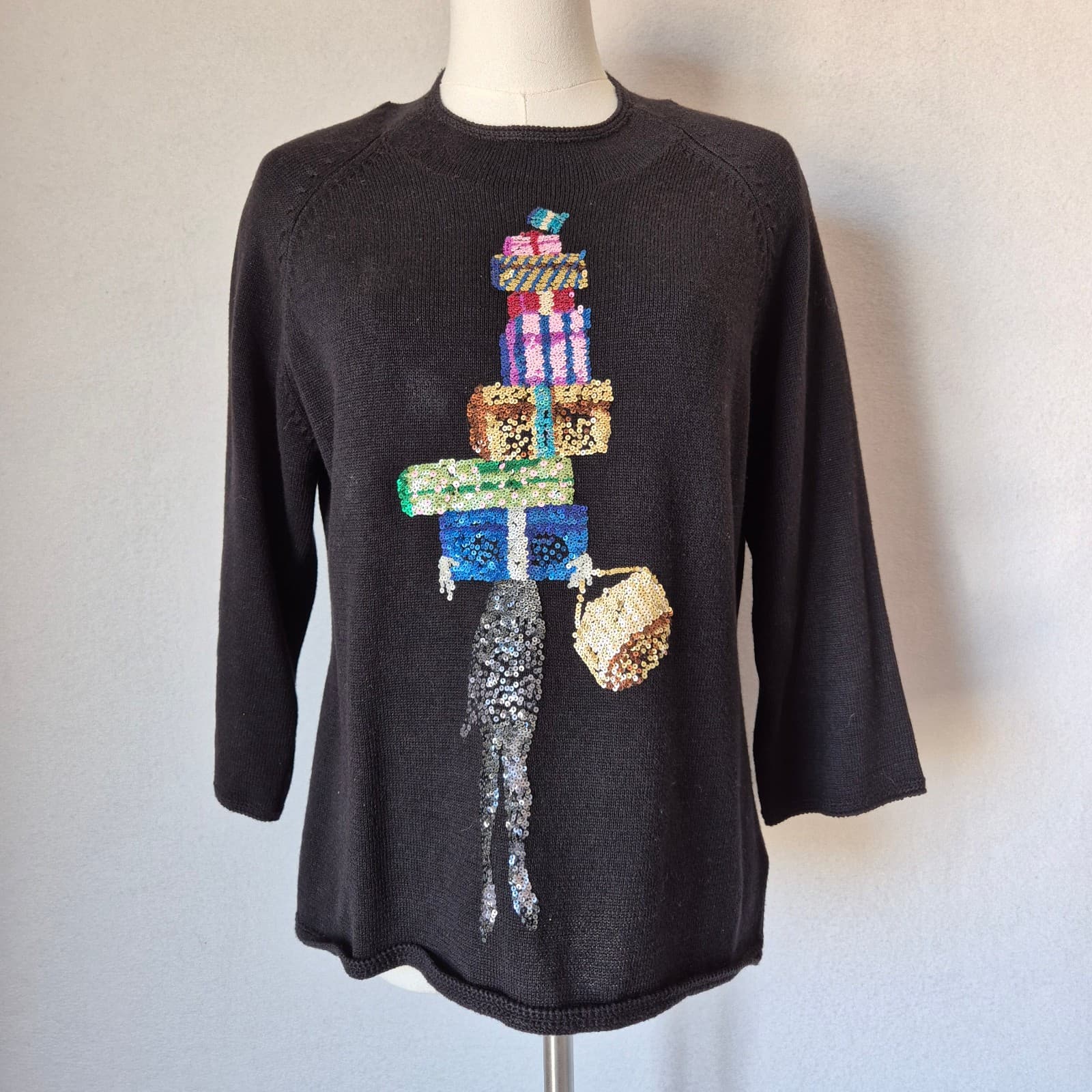 Vintage Michael Simon Sequin Stacked Gift Boxes Sweater Black Ramie Cotton Sz.M - Thumbnail 2