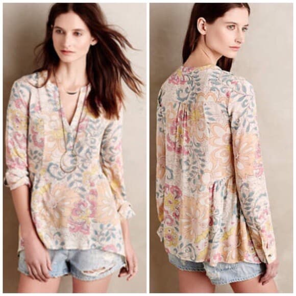 Maeve Anthropologie Laiken Floral Top V-Neck Long Sleeve Multicolor Women Small - Thumbnail 2