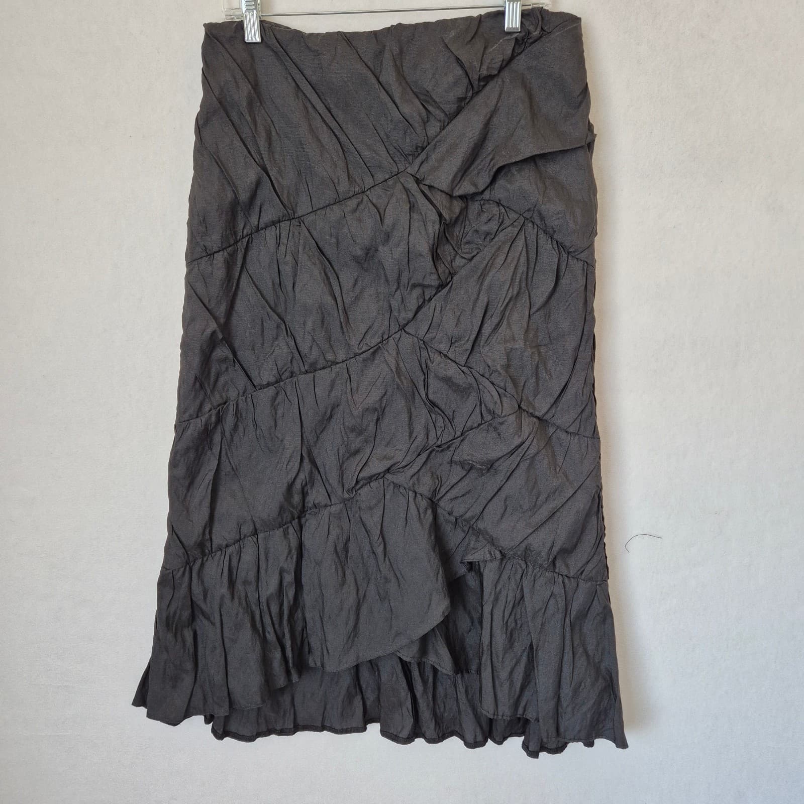 Ronen Chen Crinkle Ruched Ruffle Midi Pencil Skirt Hi-Low Black Zip Women's 2 - Thumbnail 2