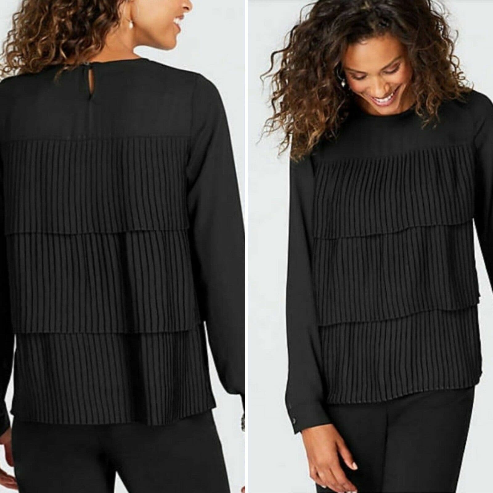 NWT J.JILL Pleat Layered Chiffon Top Blouse Long Sleeves Black Women Small $99 - Thumbnail 2