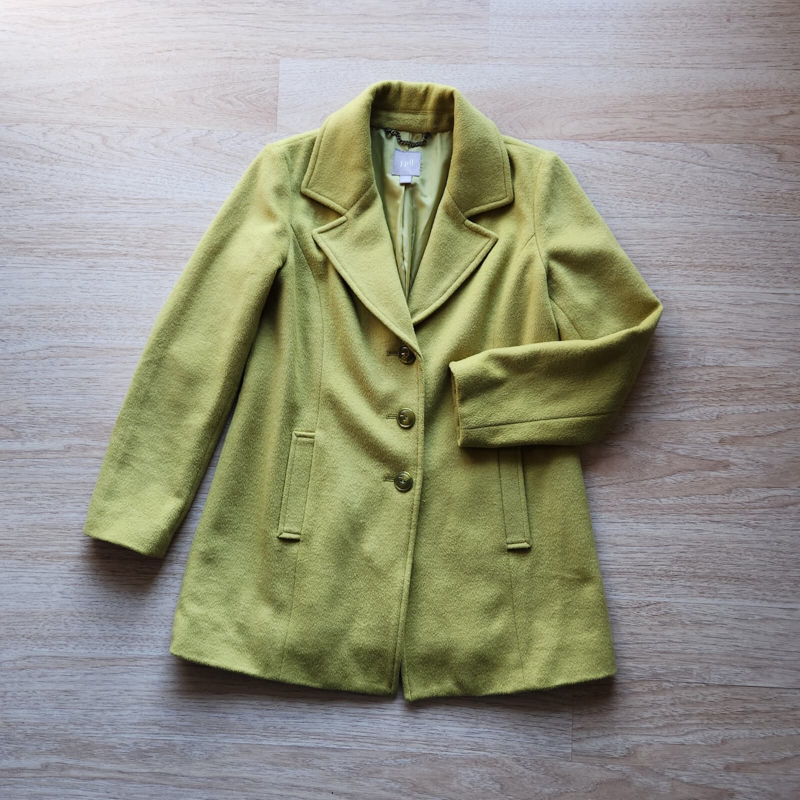 J Jill About Town Wool Blend Pea Coat Button Lined Zesty Lime Green Petite-XS - Thumbnail 4