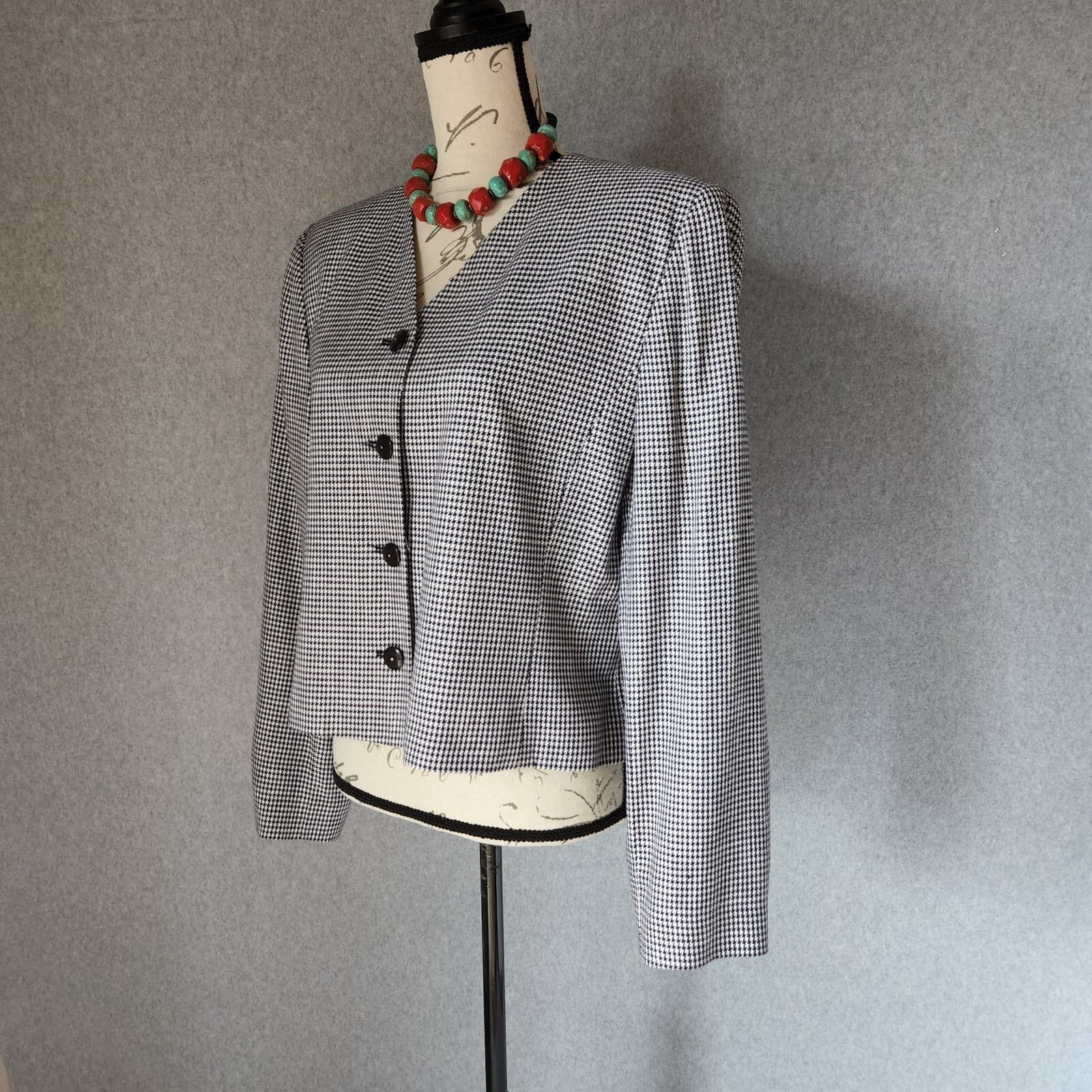 Vintage PENDLETON Houndstooth Blazer Jacket Blue White Women Sz.14 Made in USA - Thumbnail 3