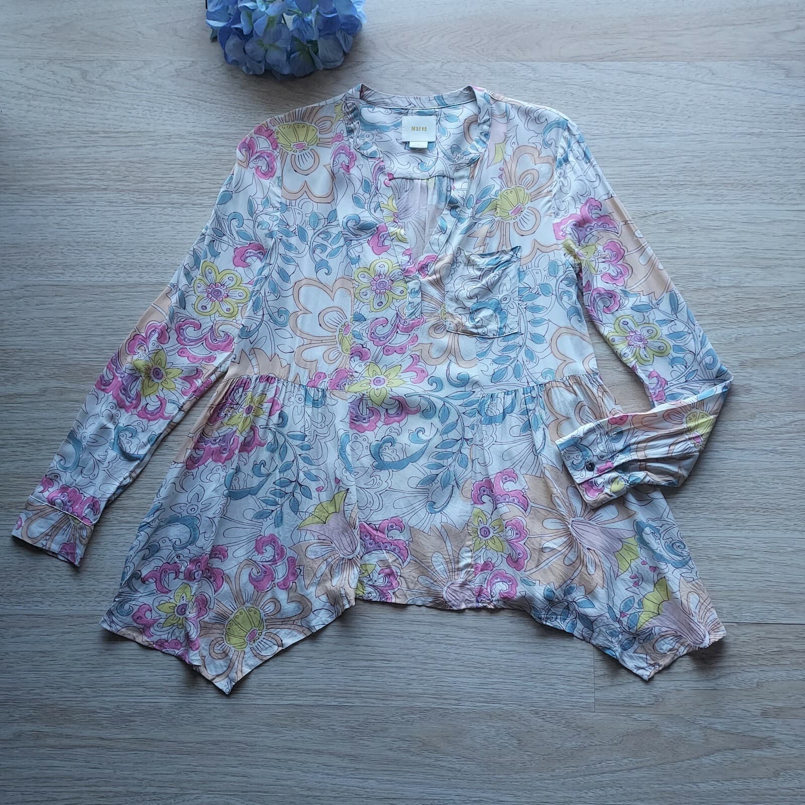 Maeve Anthropologie Laiken Floral Top V-Neck Long Sleeve Multicolor Women Small - Thumbnail 6