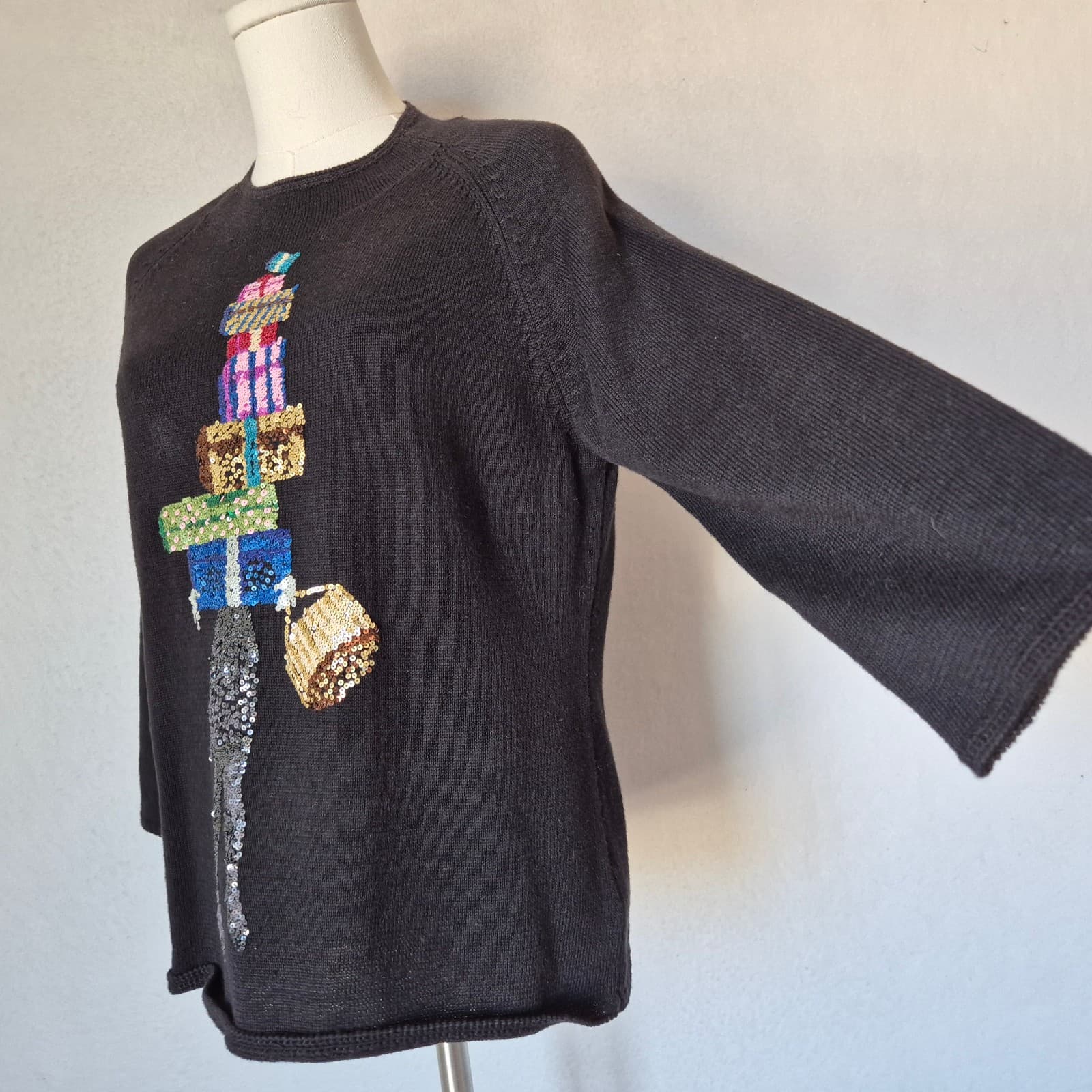 Vintage Michael Simon Sequin Stacked Gift Boxes Sweater Black Ramie Cotton Sz.M - Thumbnail 3