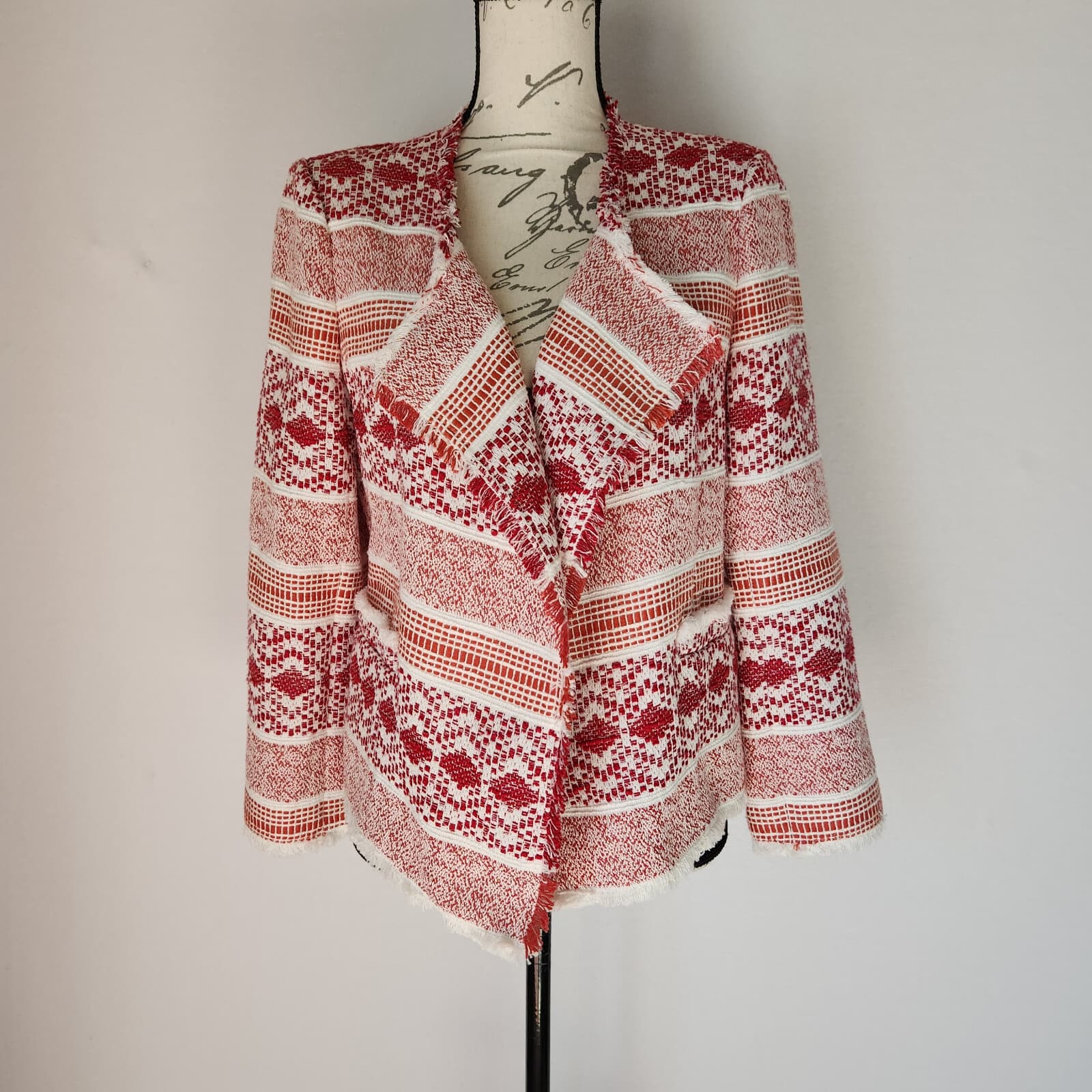 Ann Taylor LOFT Fiesta Woven Open Blazer Draped Collar Fringe Trim Tribe Sz.8 - Thumbnail 3