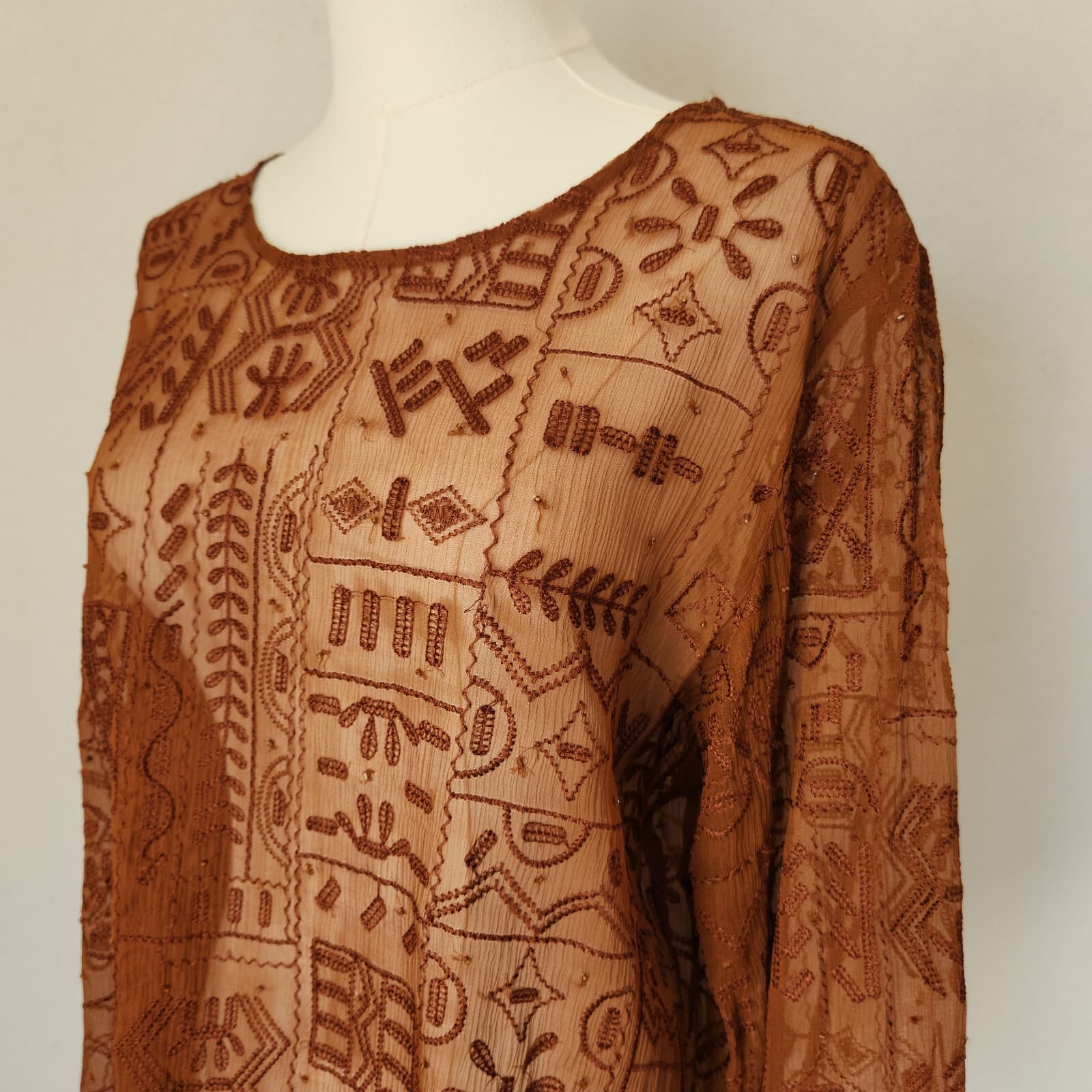 Chico's Silk Embroidered Beaded Blouse Long Sleeve Sheer Chiffon Brown Sz.1/M - Thumbnail 4