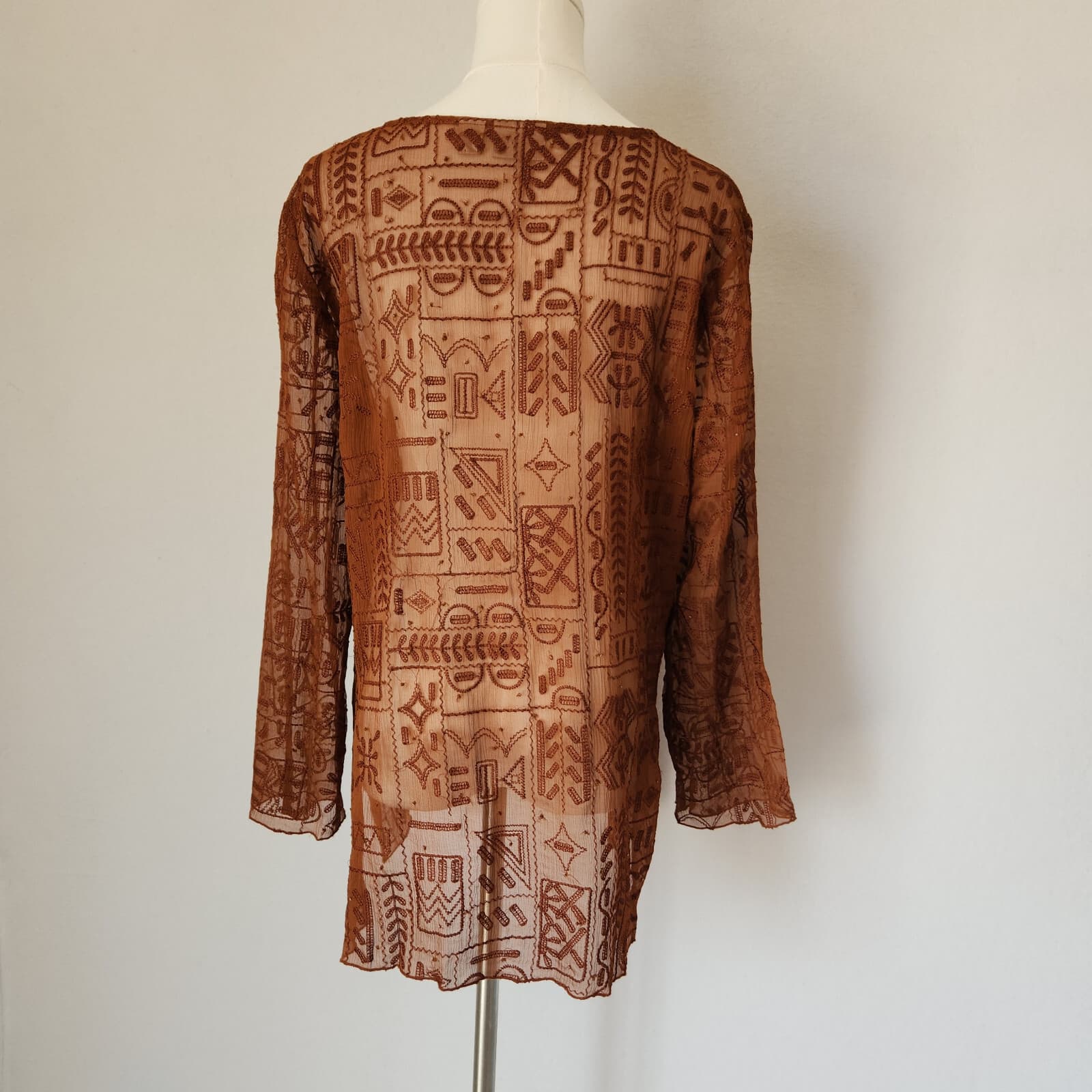 Chico's Silk Embroidered Beaded Blouse Long Sleeve Sheer Chiffon Brown Sz.1/M - Thumbnail 5