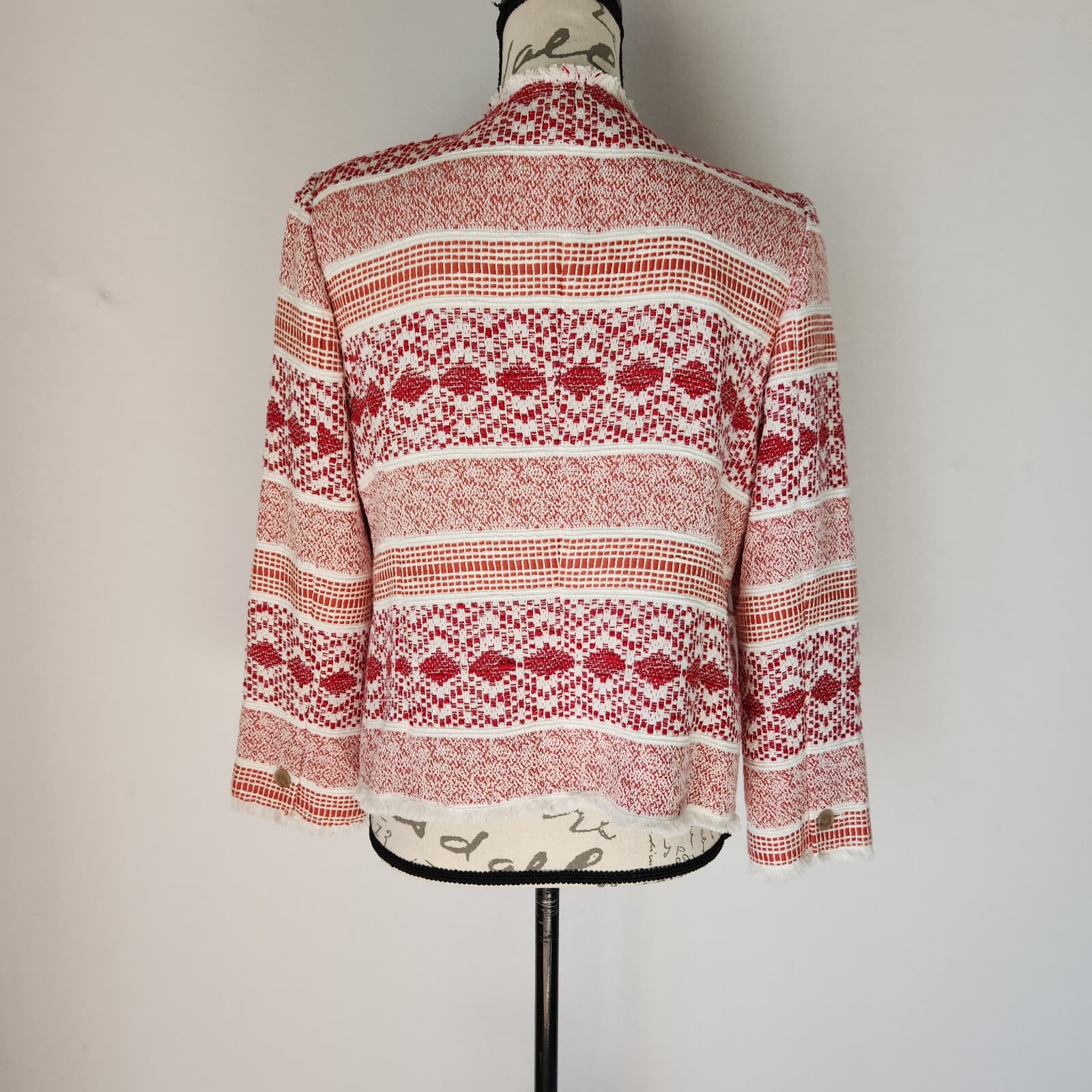 Ann Taylor LOFT Fiesta Woven Open Blazer Draped Collar Fringe Trim Tribe Sz.8 - Thumbnail 6