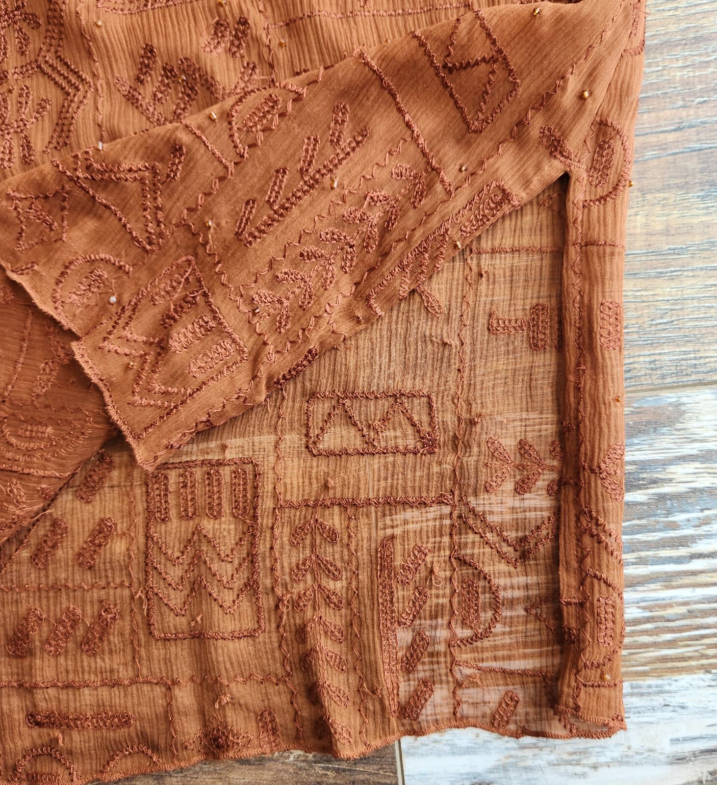 Chico's Silk Embroidered Beaded Blouse Long Sleeve Sheer Chiffon Brown Sz.1/M - Thumbnail 8