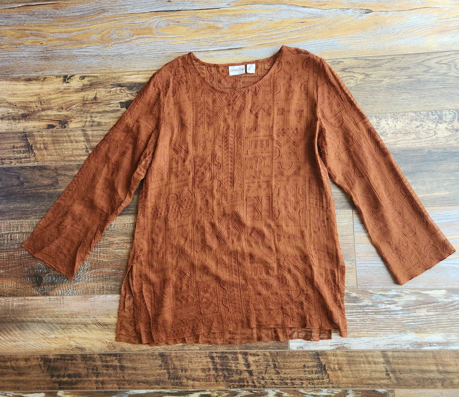 Chico's Silk Embroidered Beaded Blouse Long Sleeve Sheer Chiffon Brown Sz.1/M - Thumbnail 3