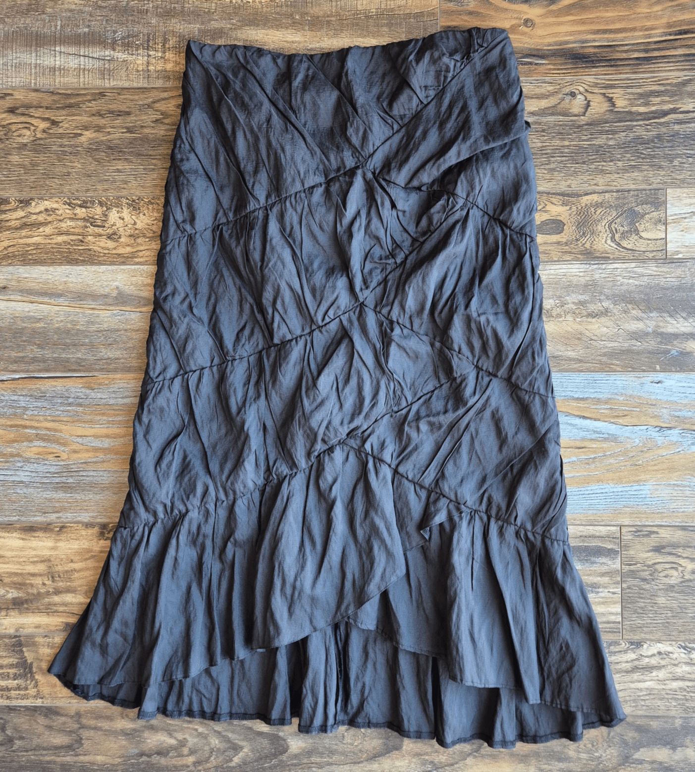 Ronen Chen Crinkle Ruched Ruffle Midi Pencil Skirt Hi-Low Black Zip Women's 2