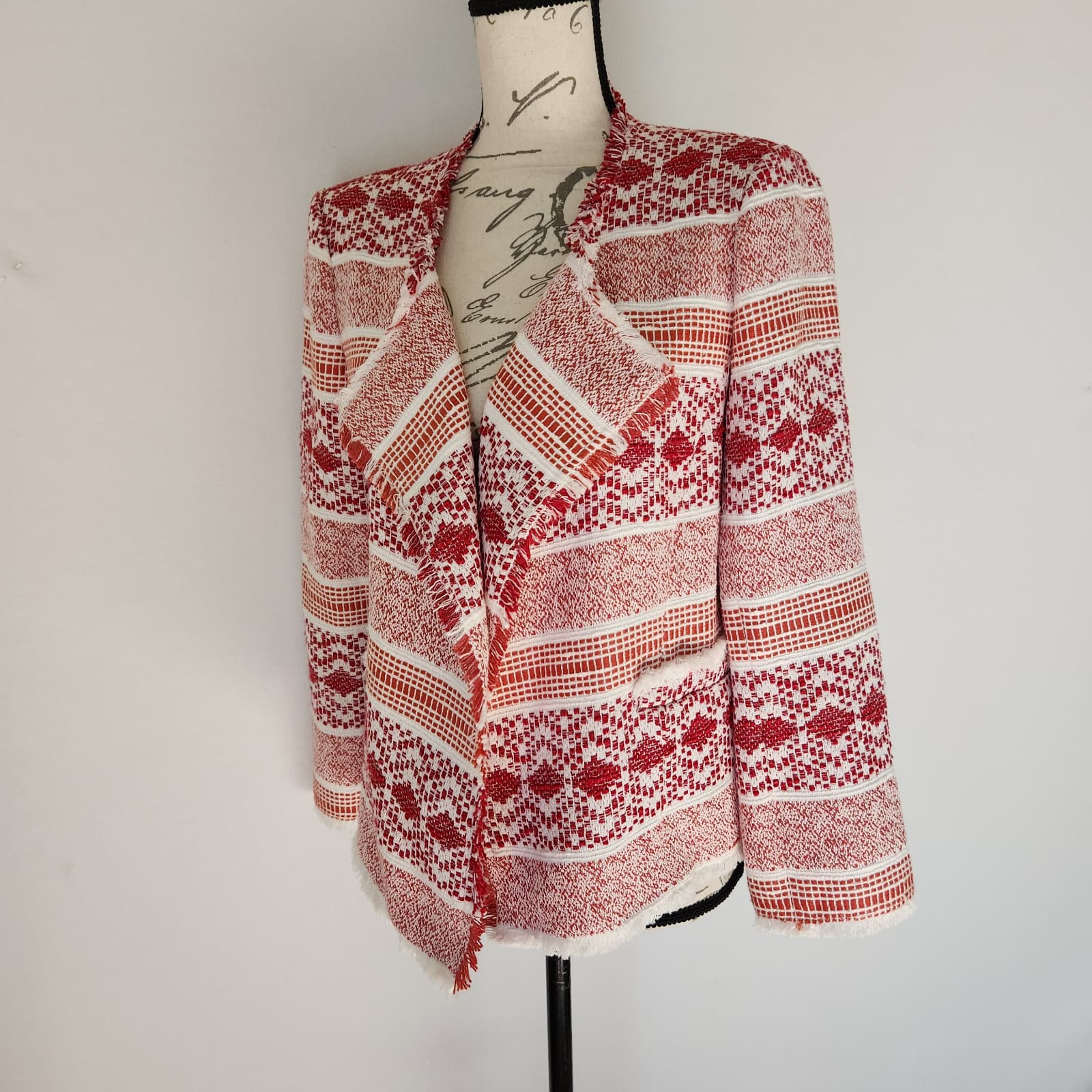 Ann Taylor LOFT Fiesta Woven Open Blazer Draped Collar Fringe Trim Tribe Sz.8 - Thumbnail 4