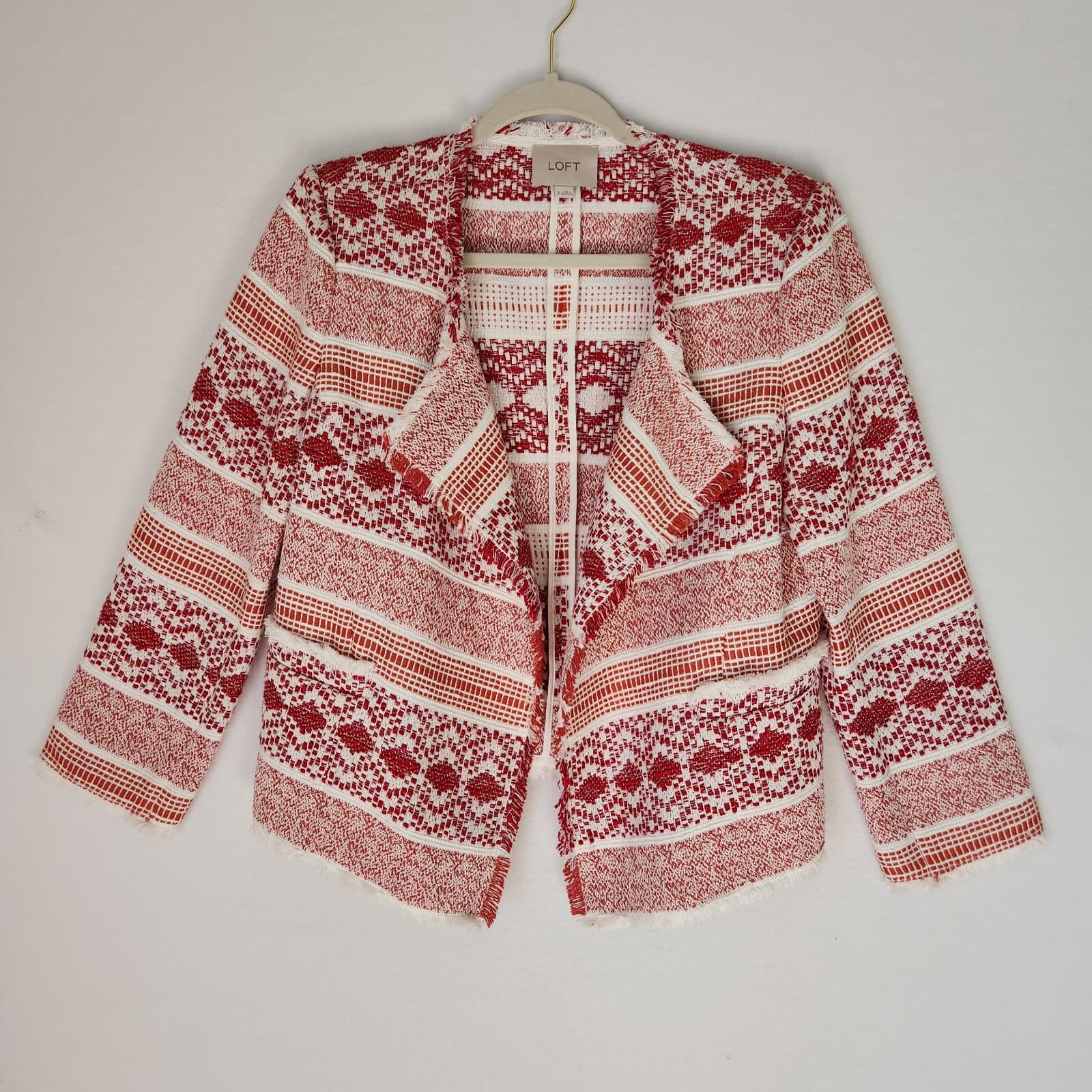 Ann Taylor LOFT Fiesta Woven Open Blazer Draped Collar Fringe Trim Tribe Sz.8 - Thumbnail 2