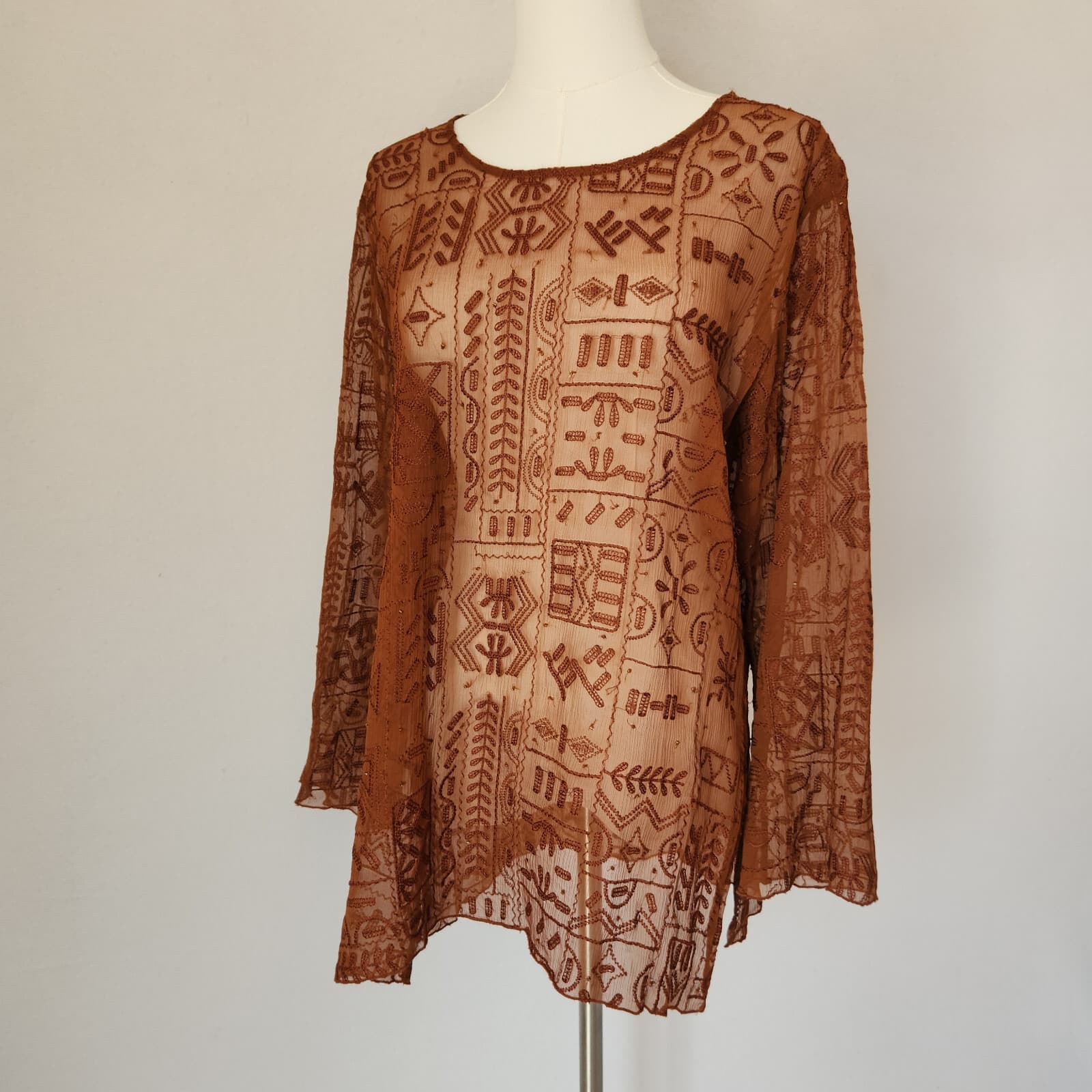 Chico's Silk Embroidered Beaded Blouse Long Sleeve Sheer Chiffon Brown Sz.1/M - Thumbnail 2