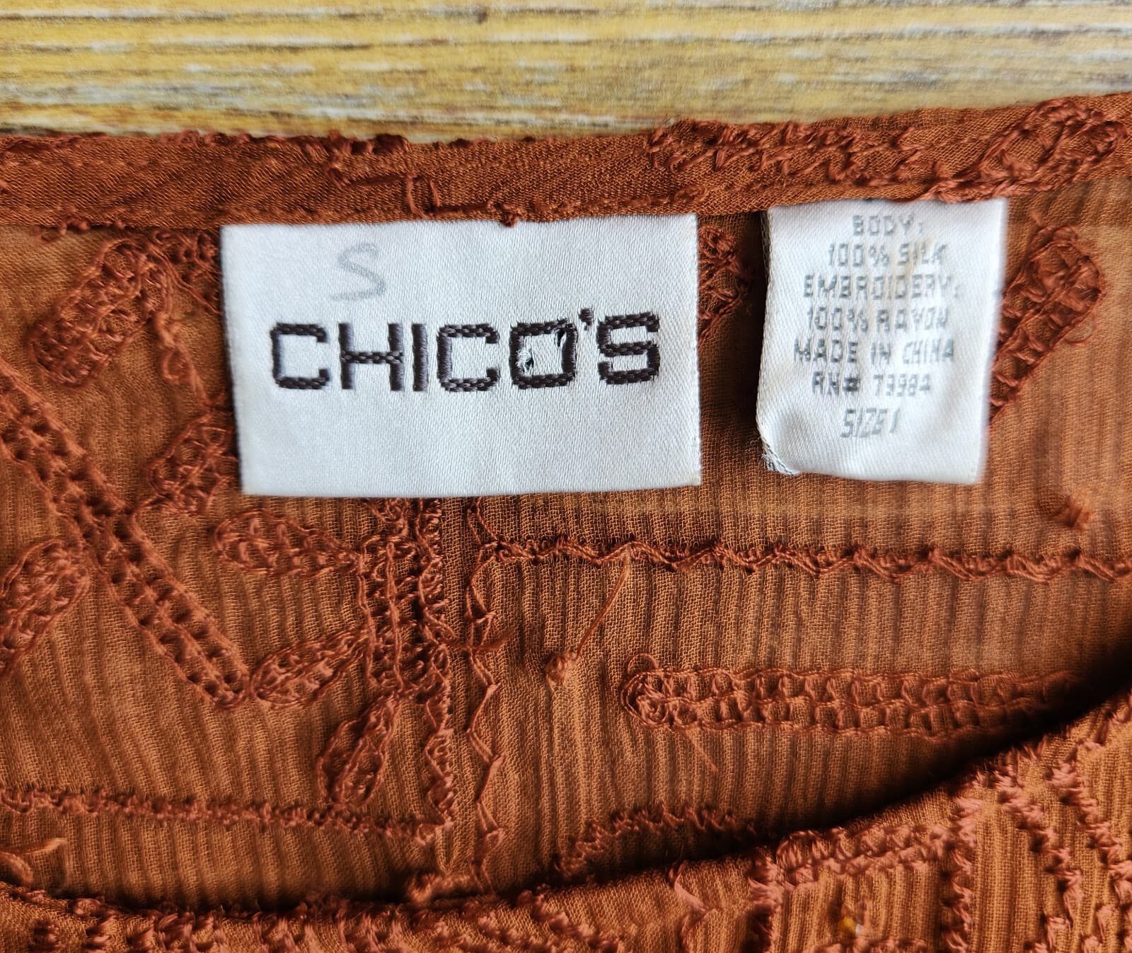 Chico's Silk Embroidered Beaded Blouse Long Sleeve Sheer Chiffon Brown Sz.1/M - Thumbnail 9