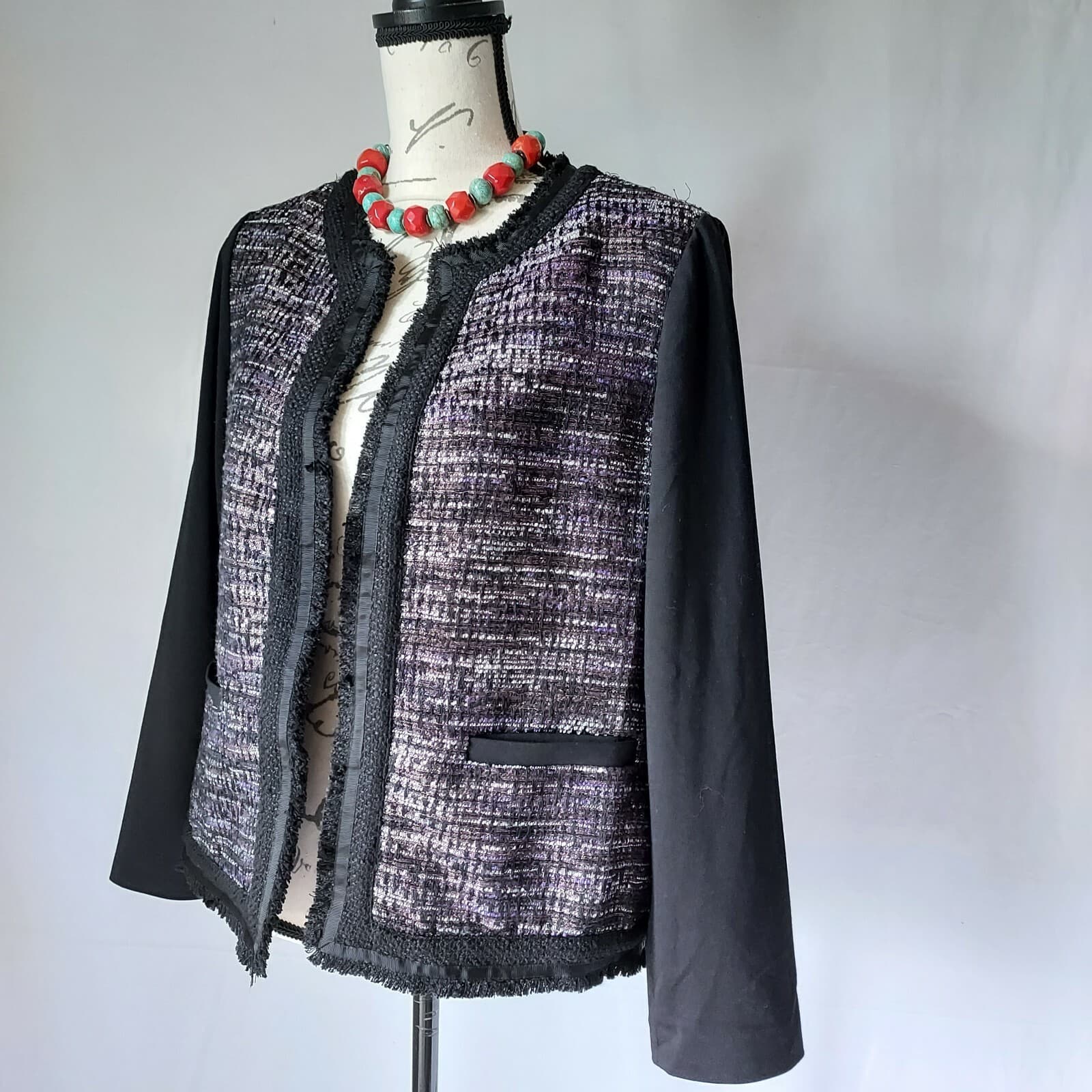 NWT Chico's Metallic Tweed Open Front Blazer Black-Purple Polyester Wool Blend 1 - Thumbnail 3