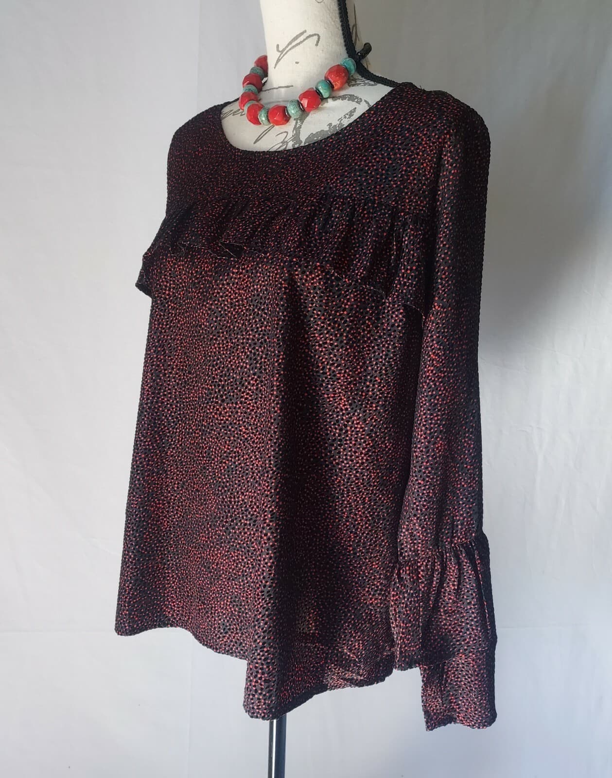 Lucky Brand Ruffle Blouse Bell Long Sleeve Jacquard Velvet-Polka Dot Red-Black L - Thumbnail 6