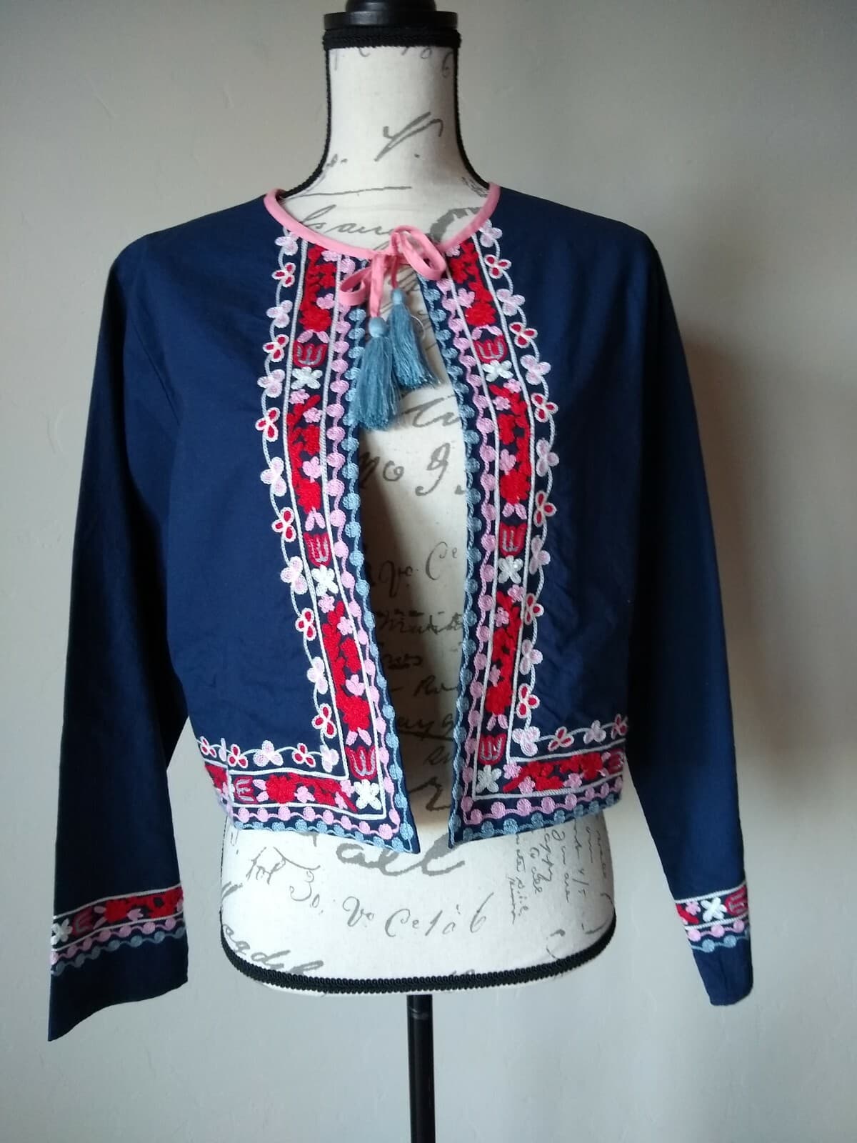 NWT Pure Nordic Belle Embroidered Open Front Boho Jacket Long Sleeves Blue L $99