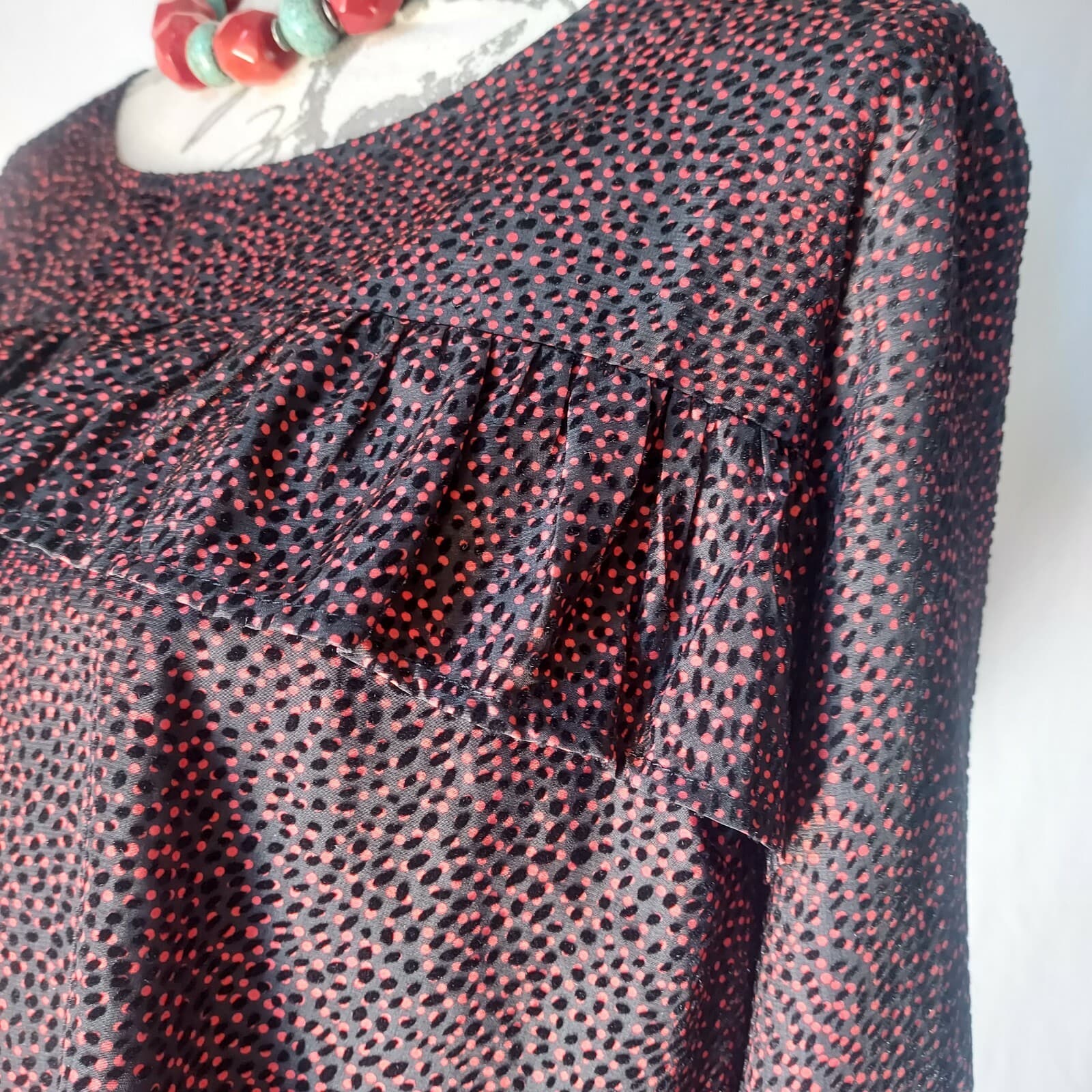 Lucky Brand Ruffle Blouse Bell Long Sleeve Jacquard Velvet-Polka Dot Red-Black L - Thumbnail 7