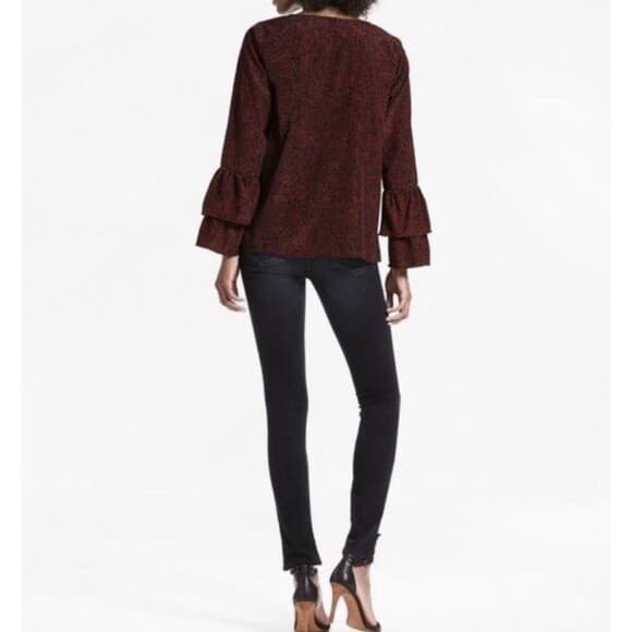 Lucky Brand Ruffle Blouse Bell Long Sleeve Jacquard Velvet-Polka Dot Red-Black L - Thumbnail 3