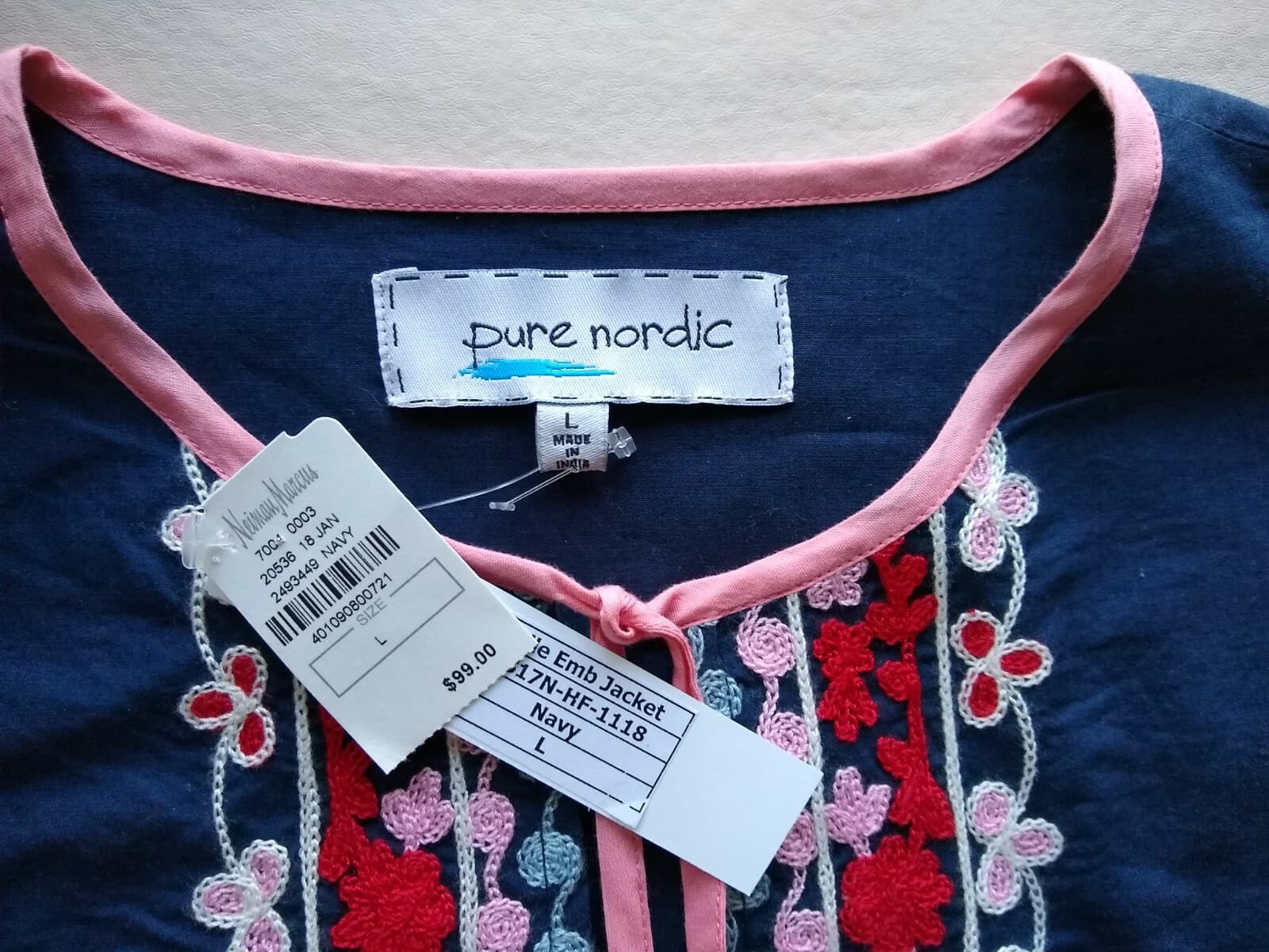 NWT Pure Nordic Belle Embroidered Open Front Boho Jacket Long Sleeves Blue L $99 - Thumbnail 6