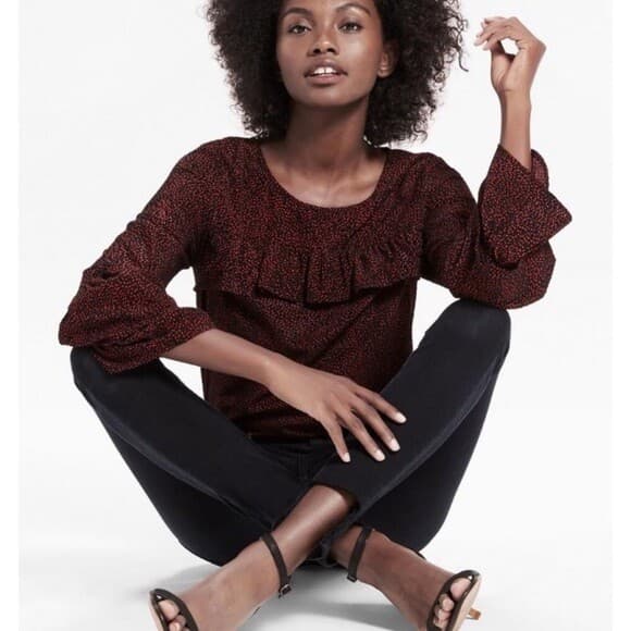 Lucky Brand Ruffle Blouse Bell Long Sleeve Jacquard Velvet-Polka Dot Red-Black L